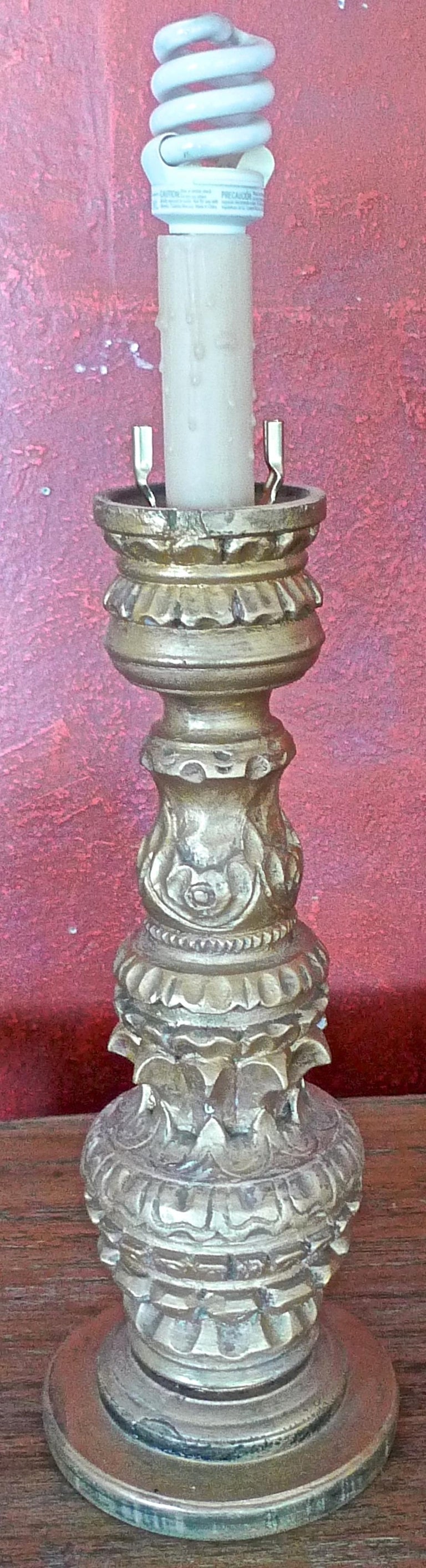 French 19th Century Hand Carved Hand Painted Gold Leaf Wood Candlestick