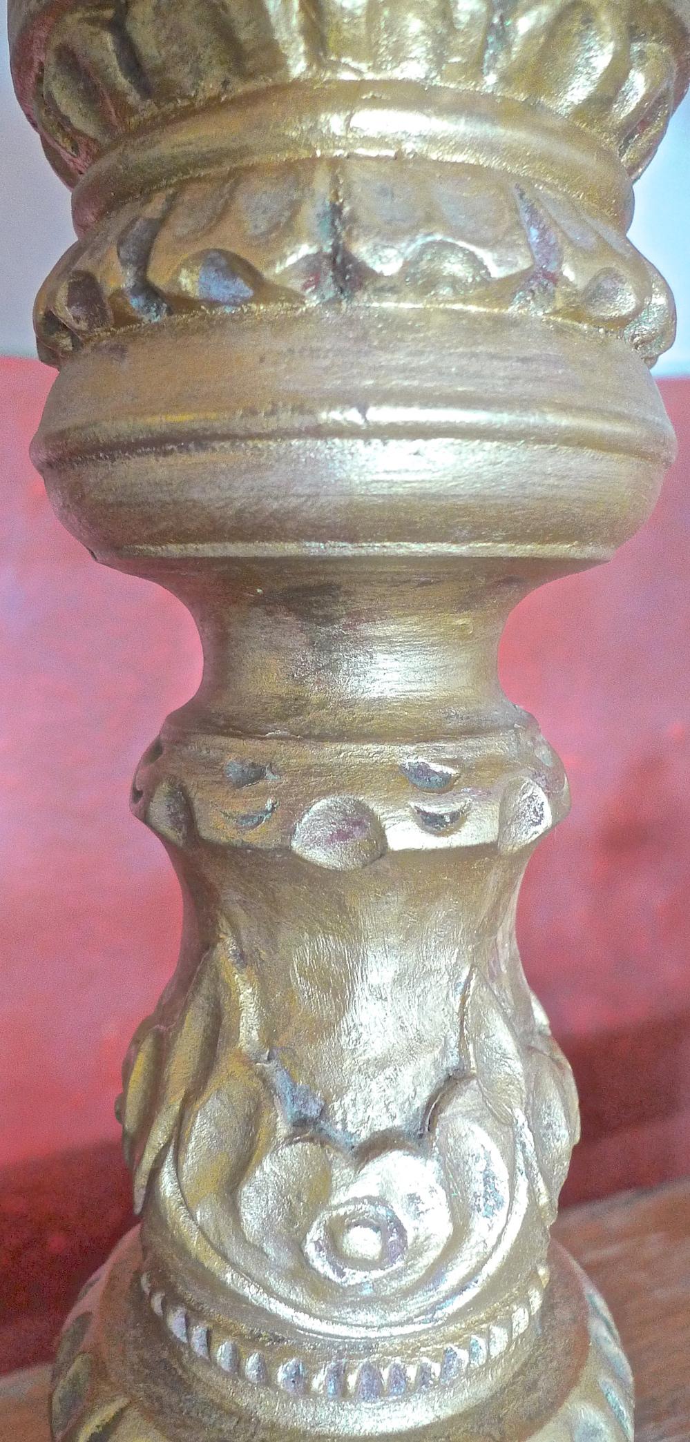 Hand-Carved French 19th Century Hand Carved Hand Painted Gold Leaf Wood Candlestick Lamp