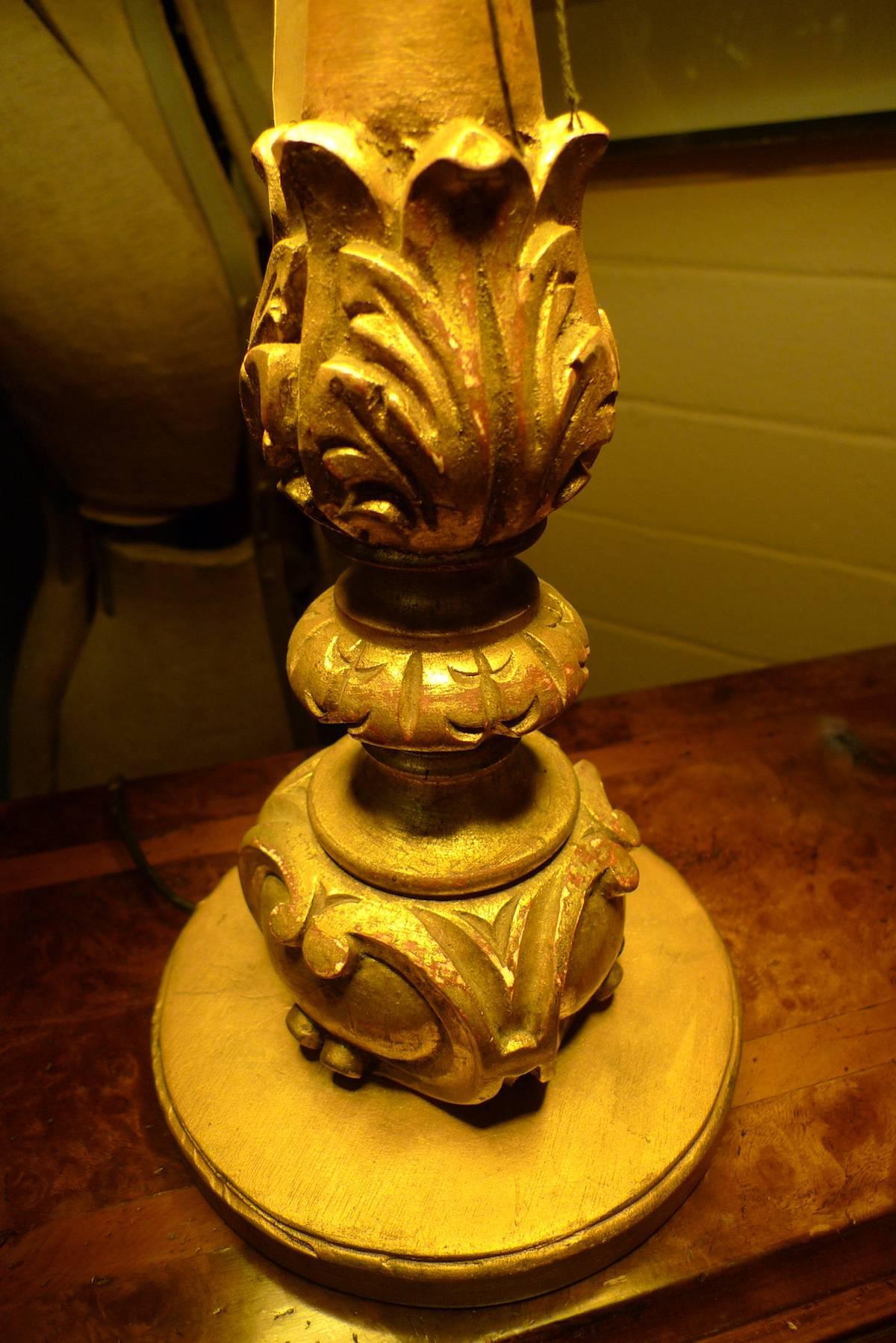 Fabric French 19th Century Hand Carved Hand Painted Gold Leaf Wood Candlestick Lamp