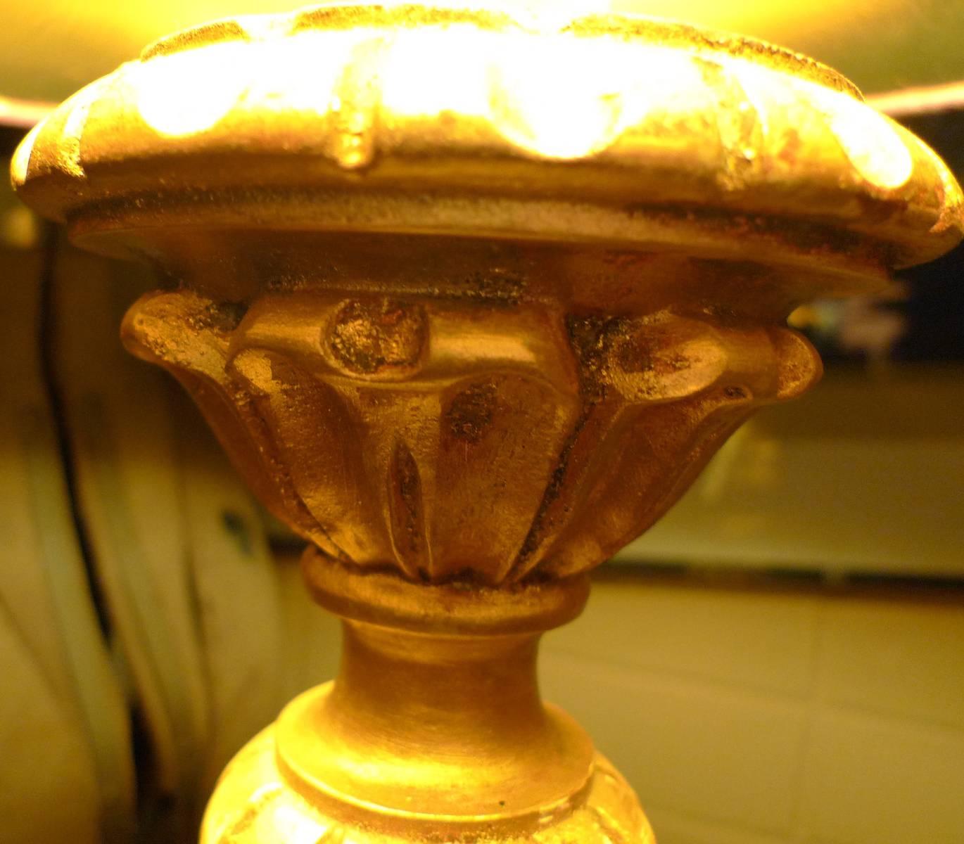 French 19th Century Hand Carved Hand Painted Gold Leaf Wood Candlestick Lamp 1
