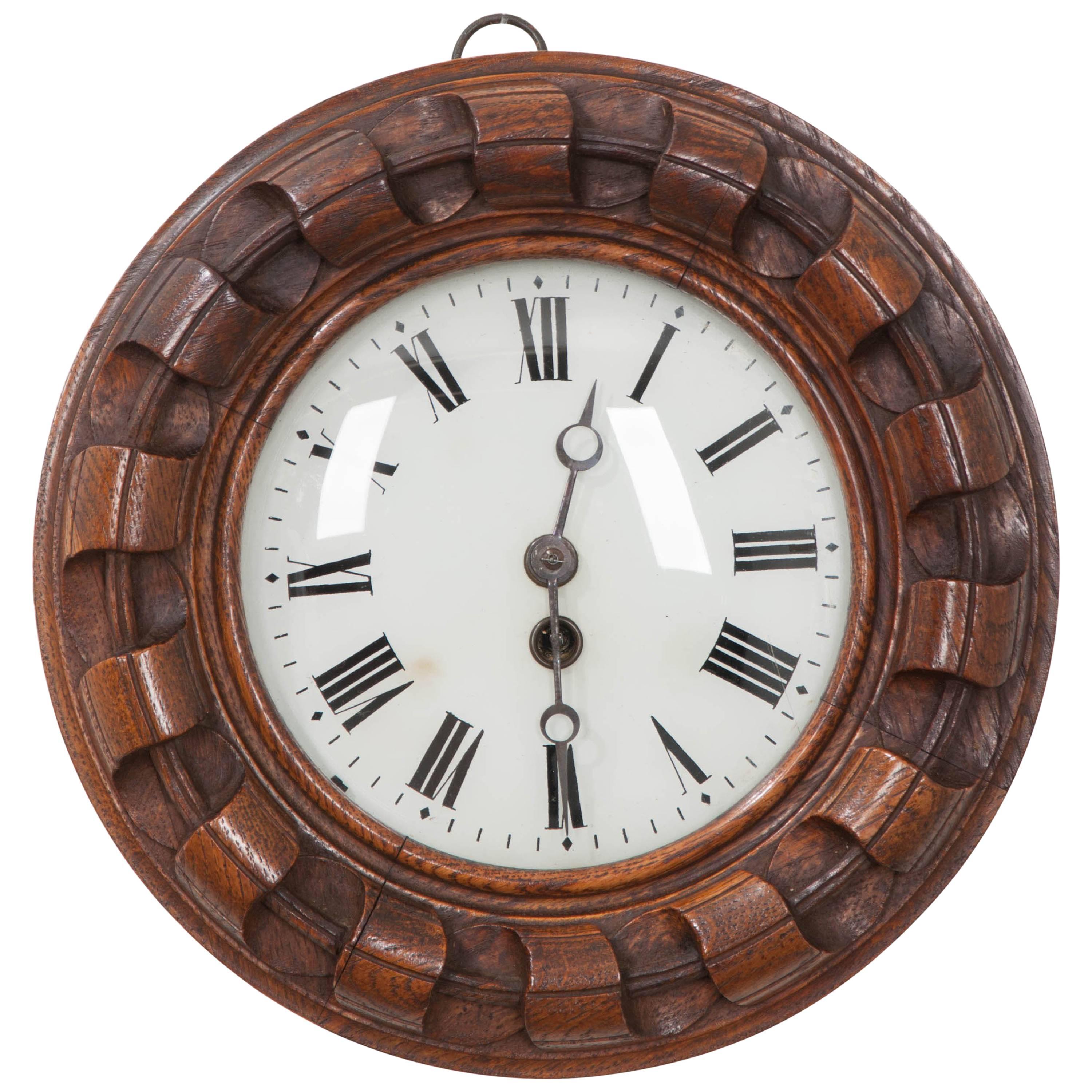 French 19th Century Hand-Carved Oak Wall Clock