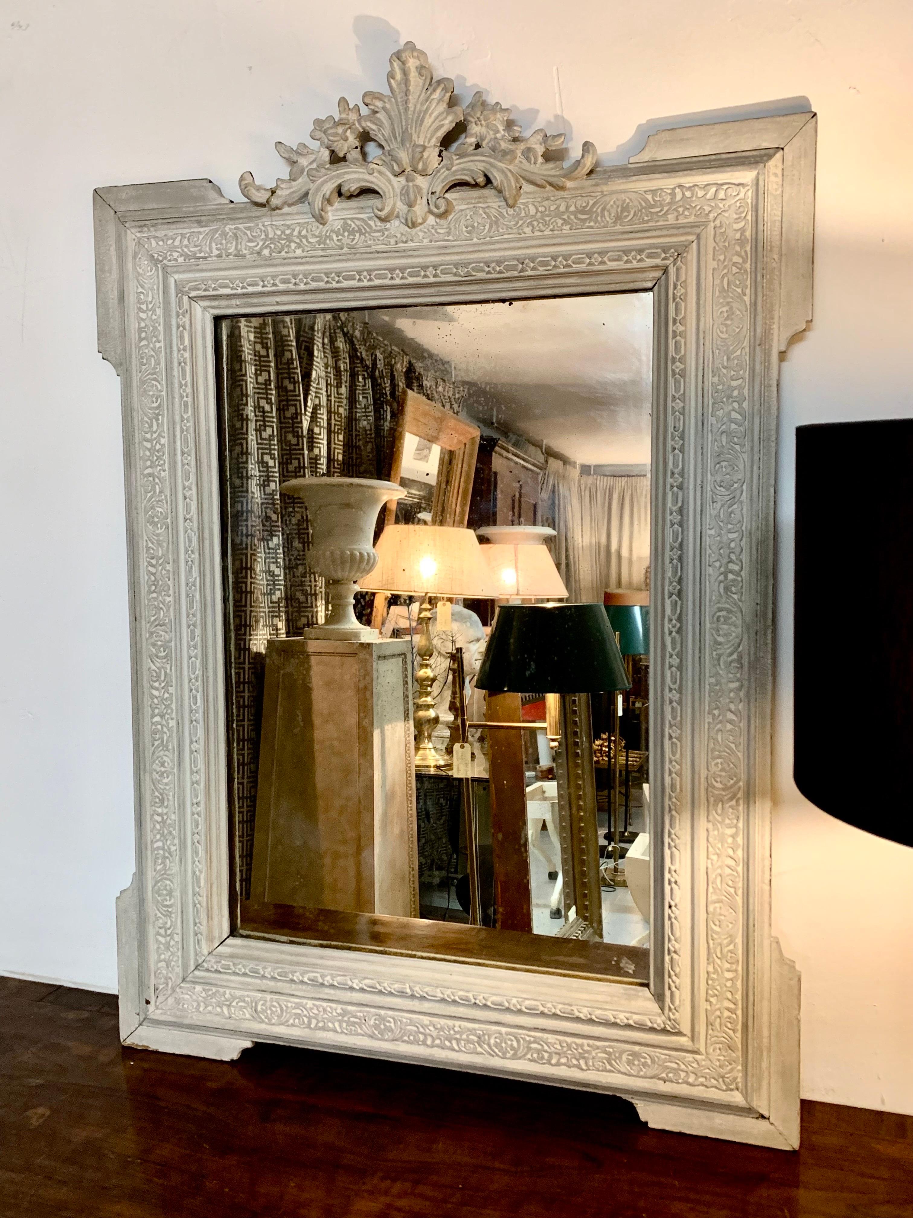 French, 19th Century, Hand Carved Painted Wood Mirror For Sale 4
