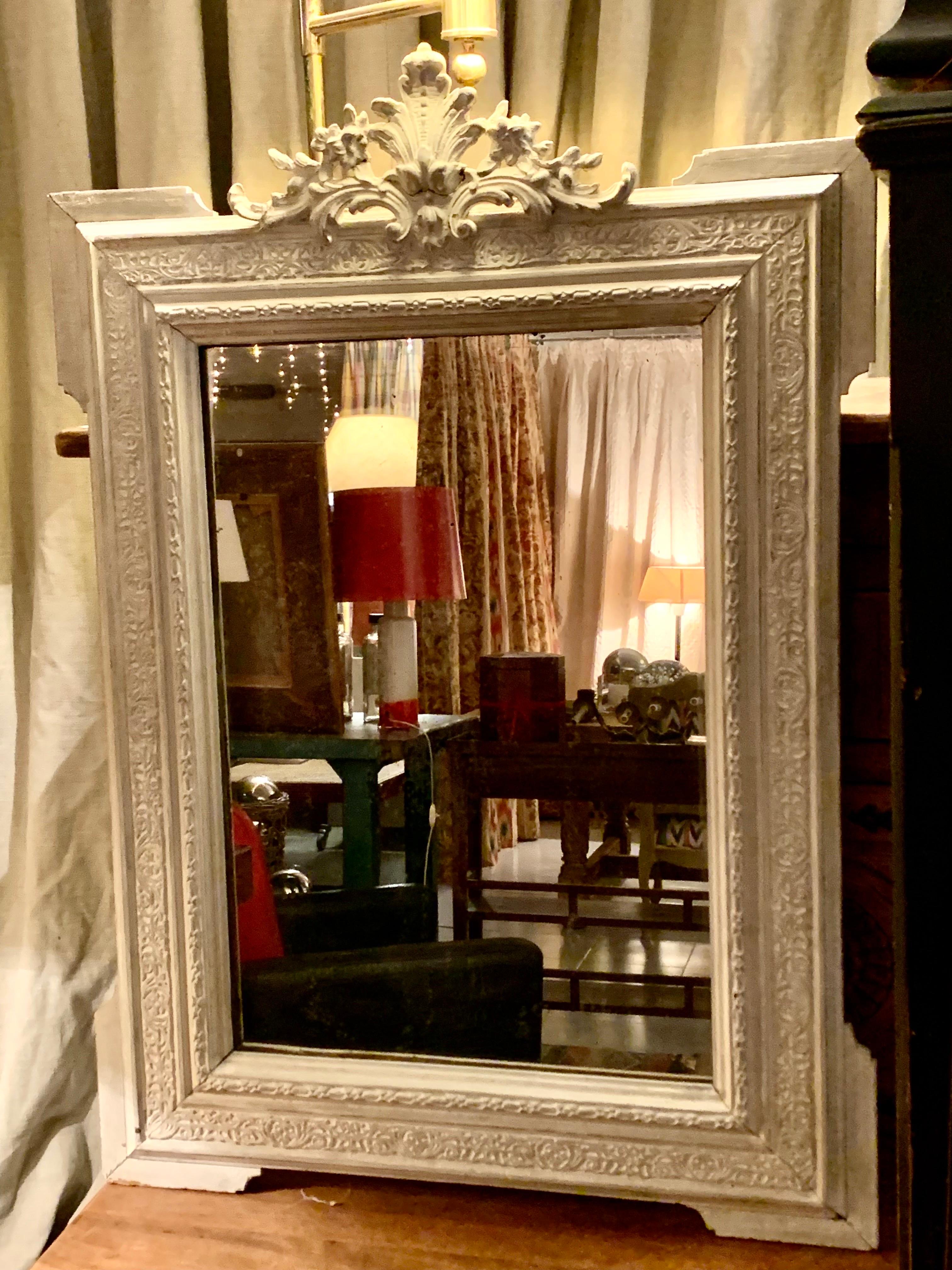 French, 19th Century, Hand Carved Painted Wood Mirror For Sale 5