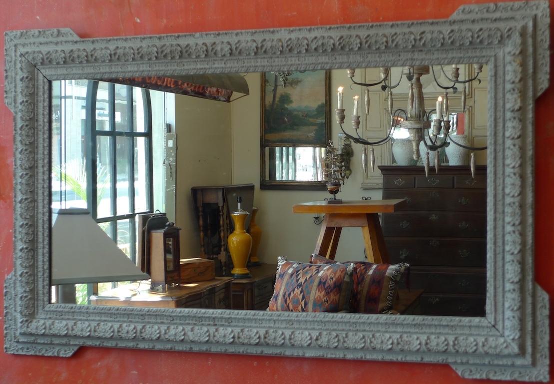 Hand-Carved French 19th Century Hand Carved Painted Wood Mirror Frame with Original Glass For Sale
