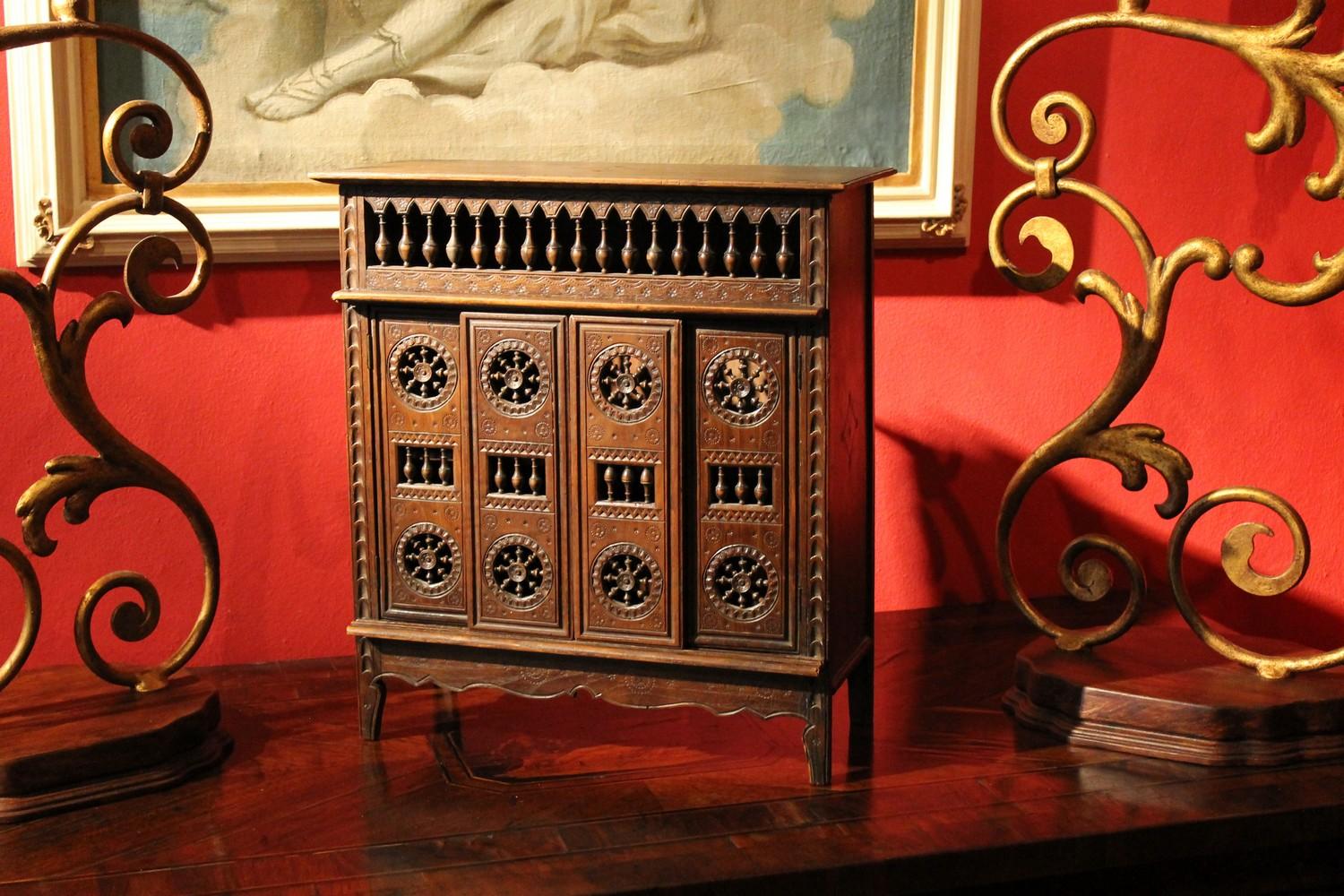 Baroque French 19th Century Hand Carved Walnut Wood Four Doors Miniature Chest For Sale