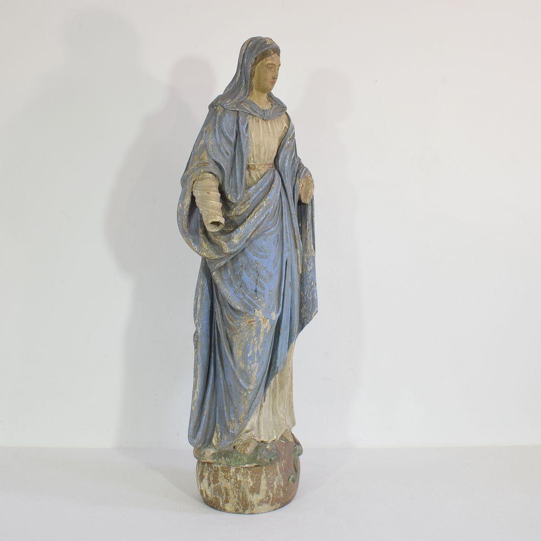 Beautiful painted handcarved wooden Madonna, France, circa 1850-1900. 
Weathered, small losses and old repairs.
 