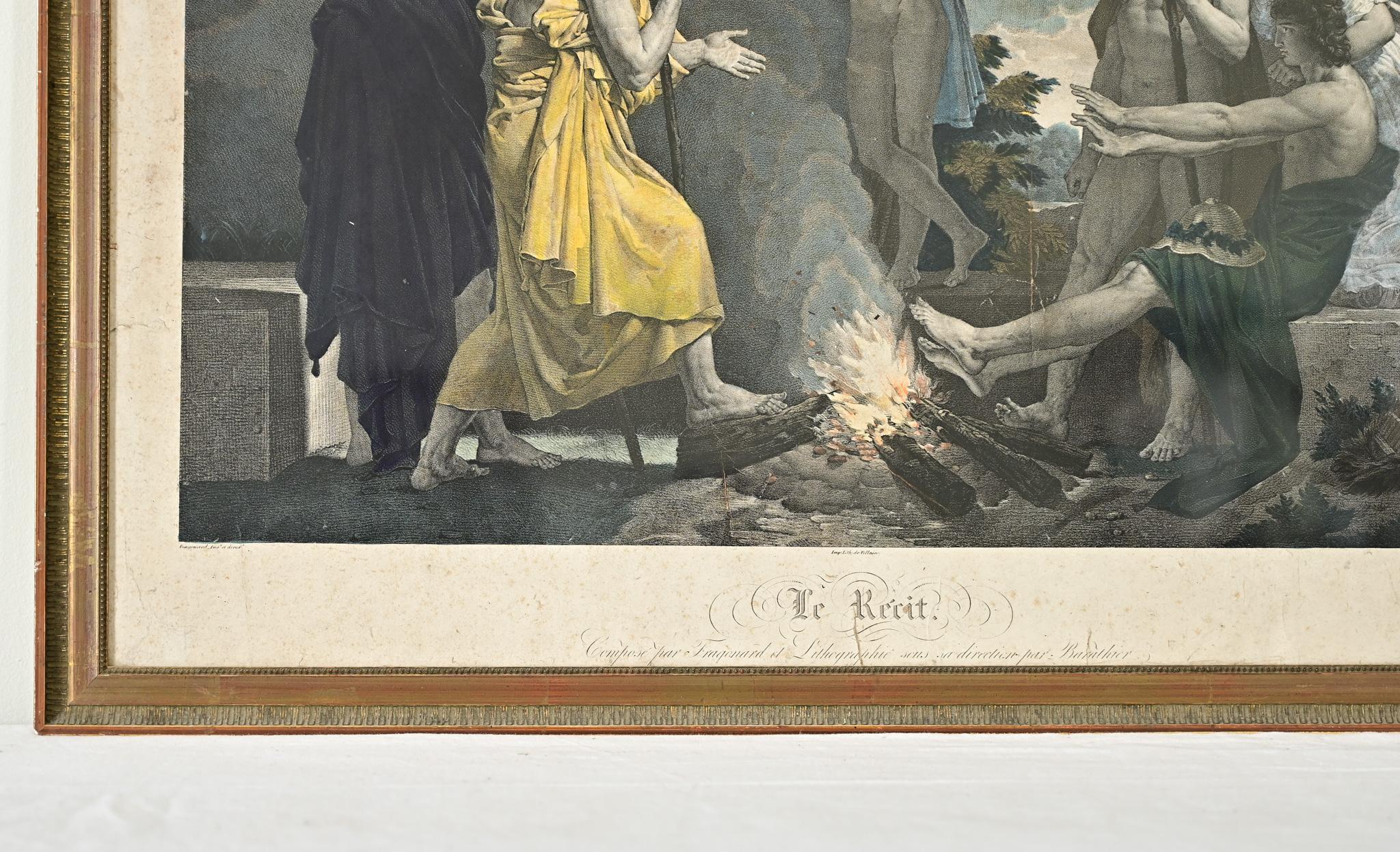 A striking French lithograph originally conceived by the 18th century painter Fragonard, reimagined in the 19th century by engraver Mathieu Barathier. Titled “Le Recit” which translates to English as both narrative and history, it’s a fitting