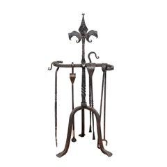 Antique French 19th Century Hand Forged-Iron Five-Piece Fireplace Set with Fleur-de-Lys