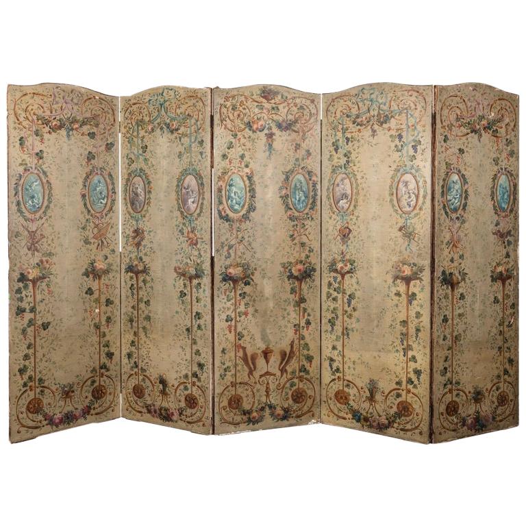 French 19th Century Hand Painted Five Panel Canvas Screen