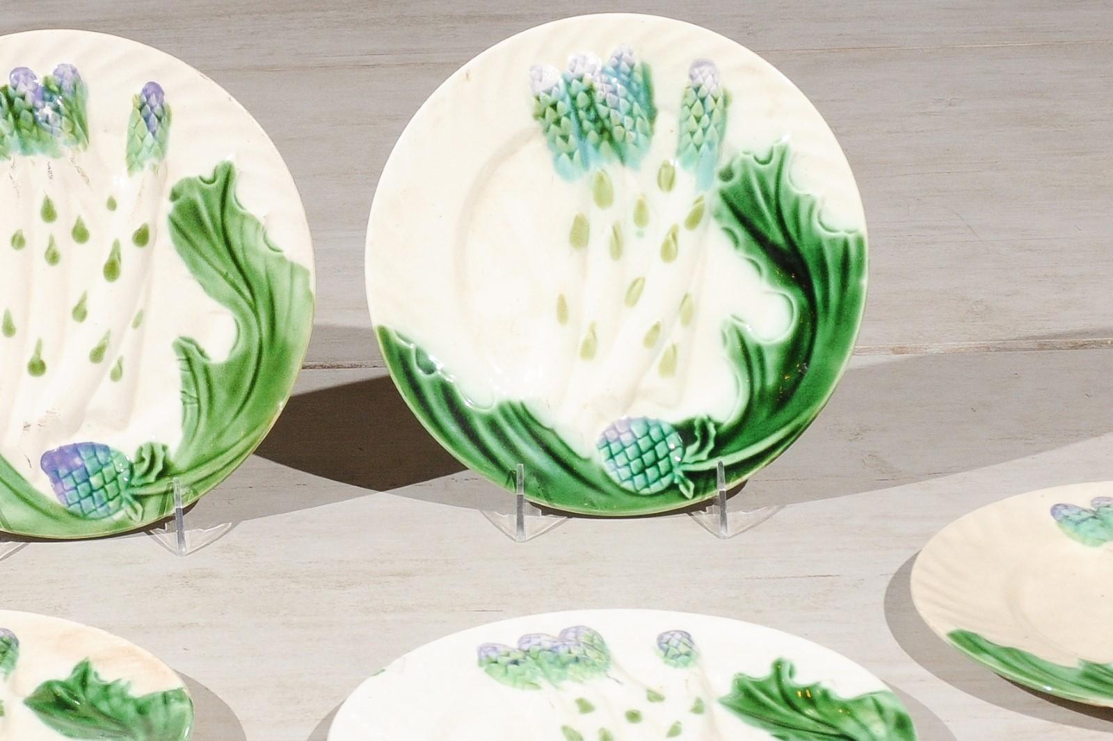 French 19th Century Hand Painted Purple and Green Majolica Asparagus Plates For Sale 6