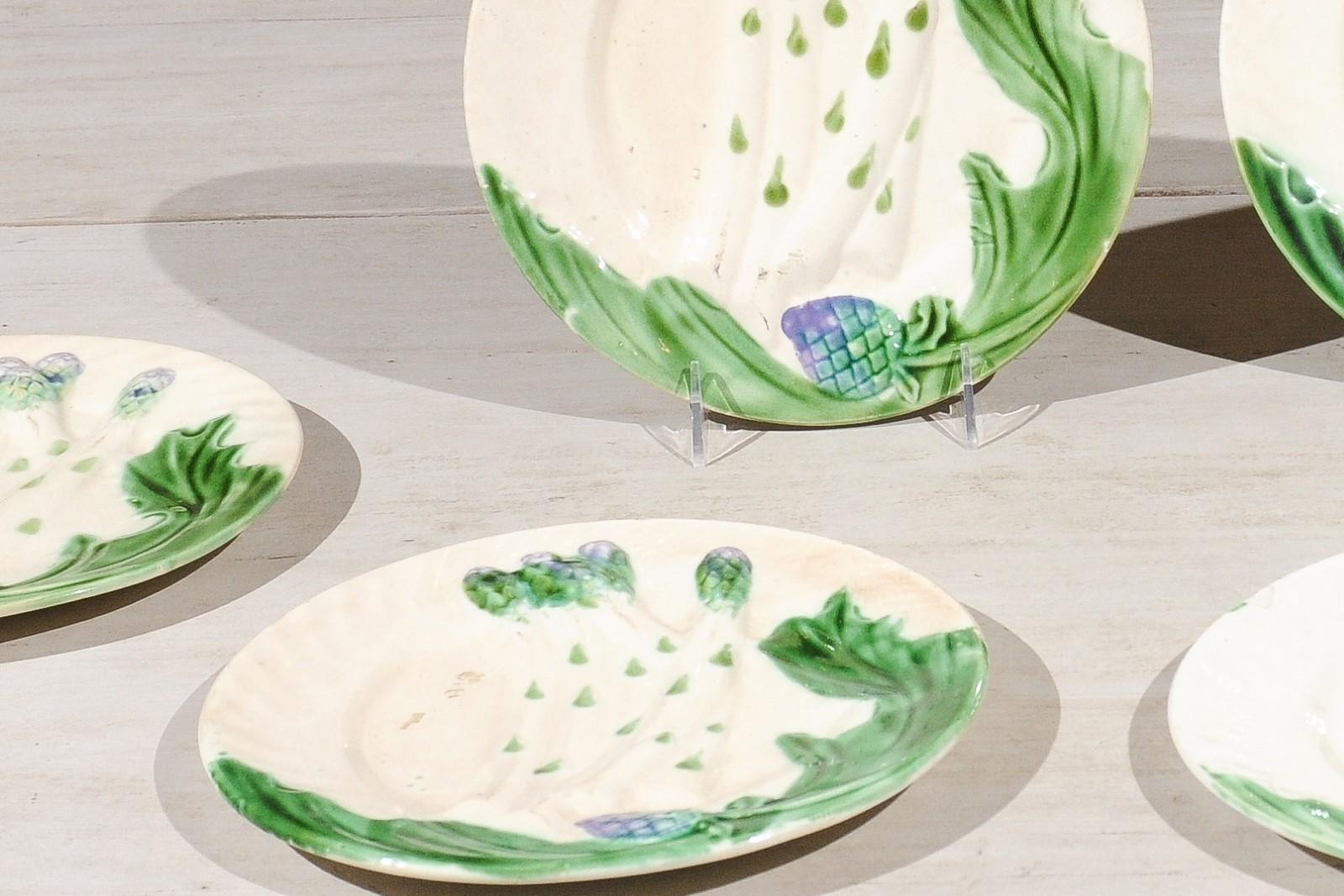 French 19th Century Hand Painted Purple and Green Majolica Asparagus Plates For Sale 7