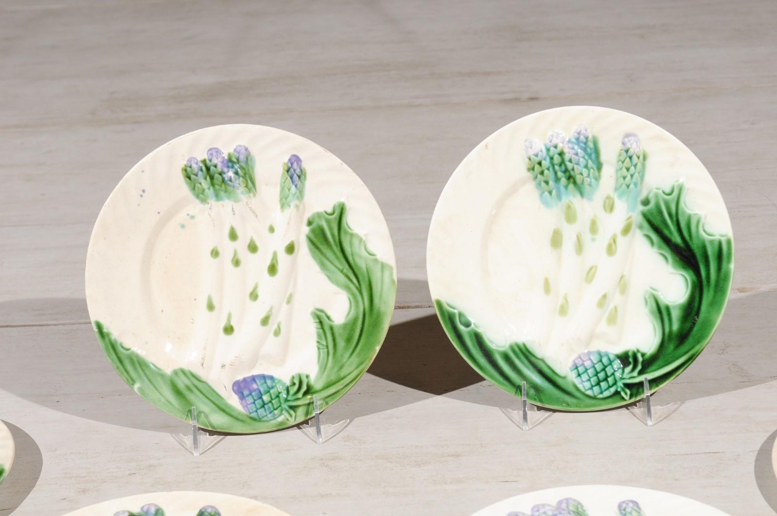 French 19th Century Hand Painted Purple and Green Majolica Asparagus Plates 1
