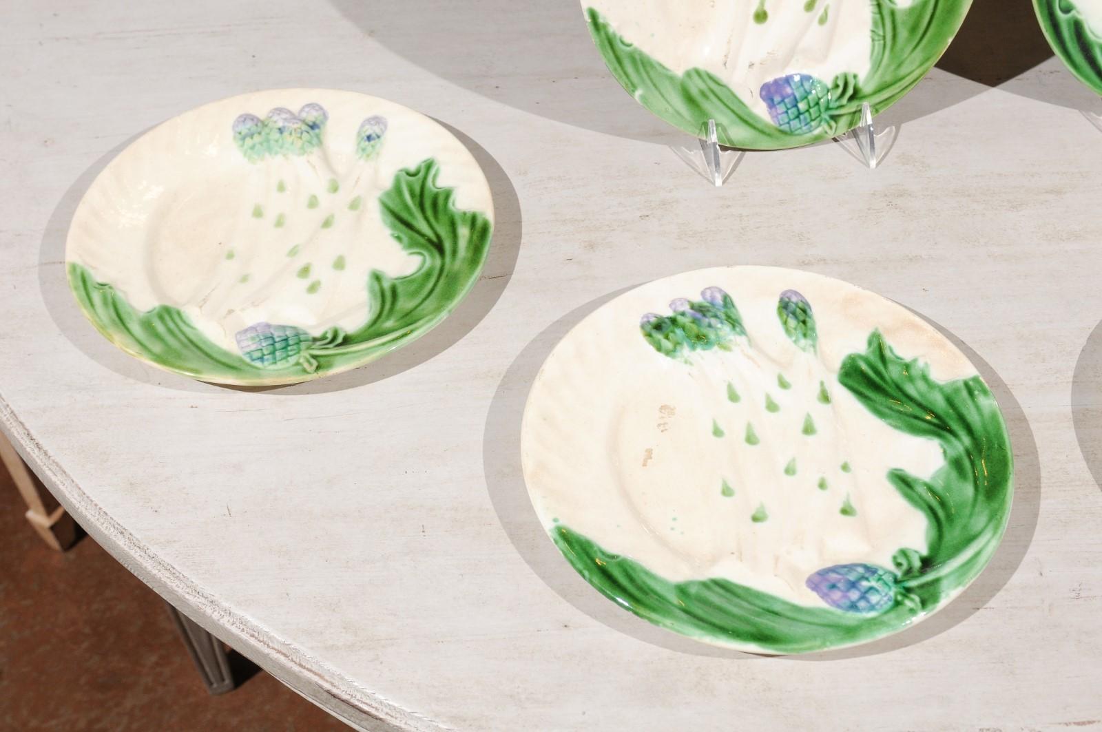French 19th Century Hand Painted Purple and Green Majolica Asparagus Plates For Sale 2