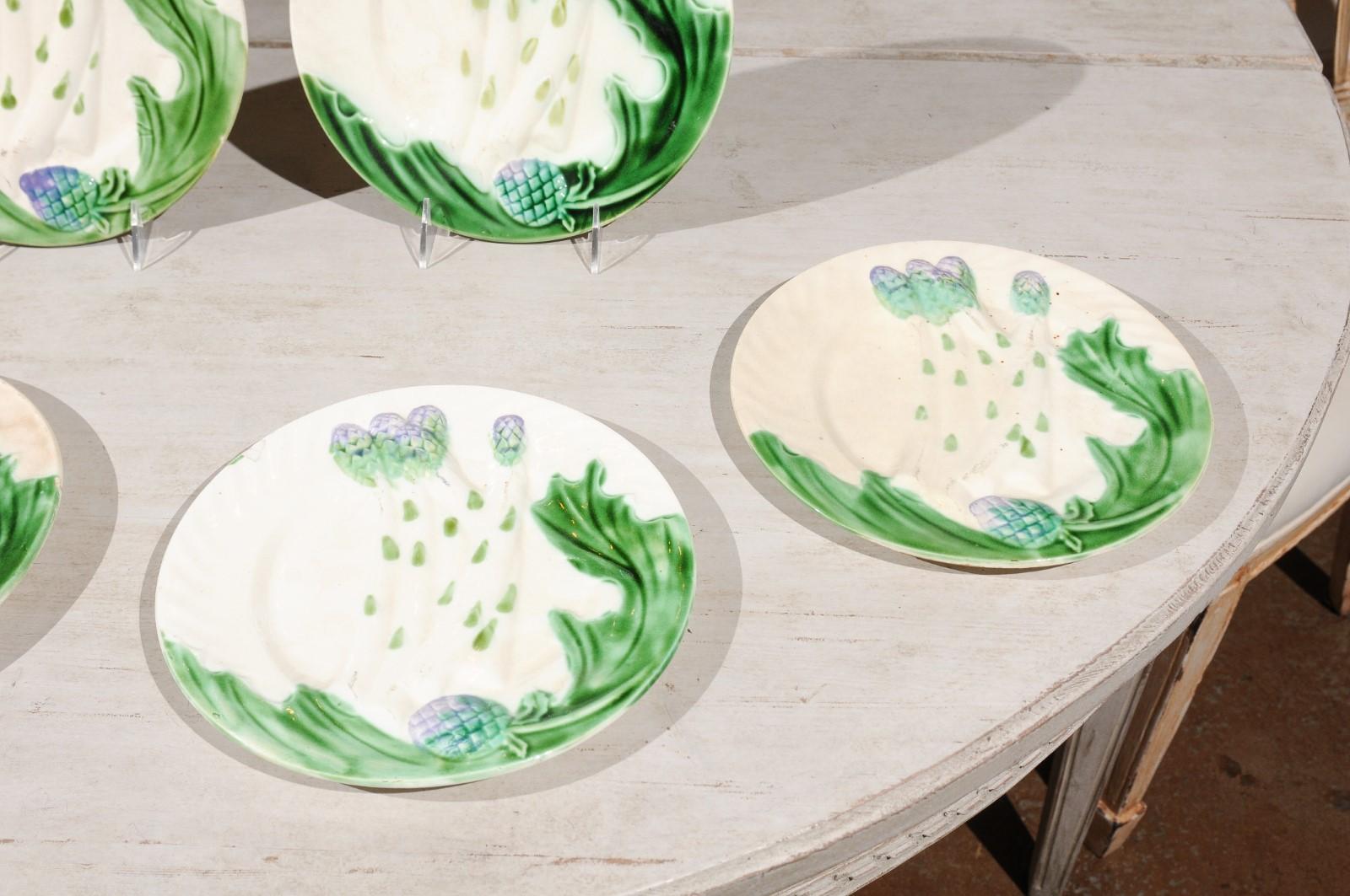 French 19th Century Hand Painted Purple and Green Majolica Asparagus Plates For Sale 3