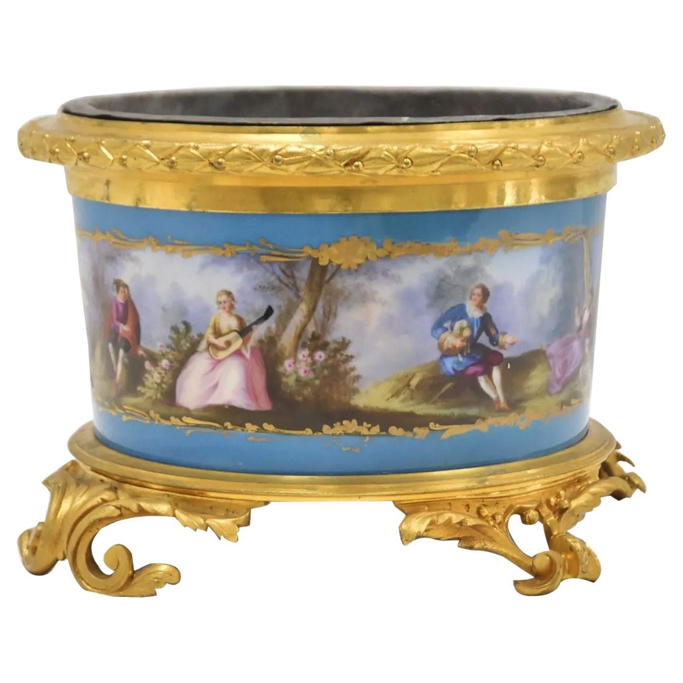 French 19th Century Hand Painted Sevres & Bronze Mounted Planter For Sale