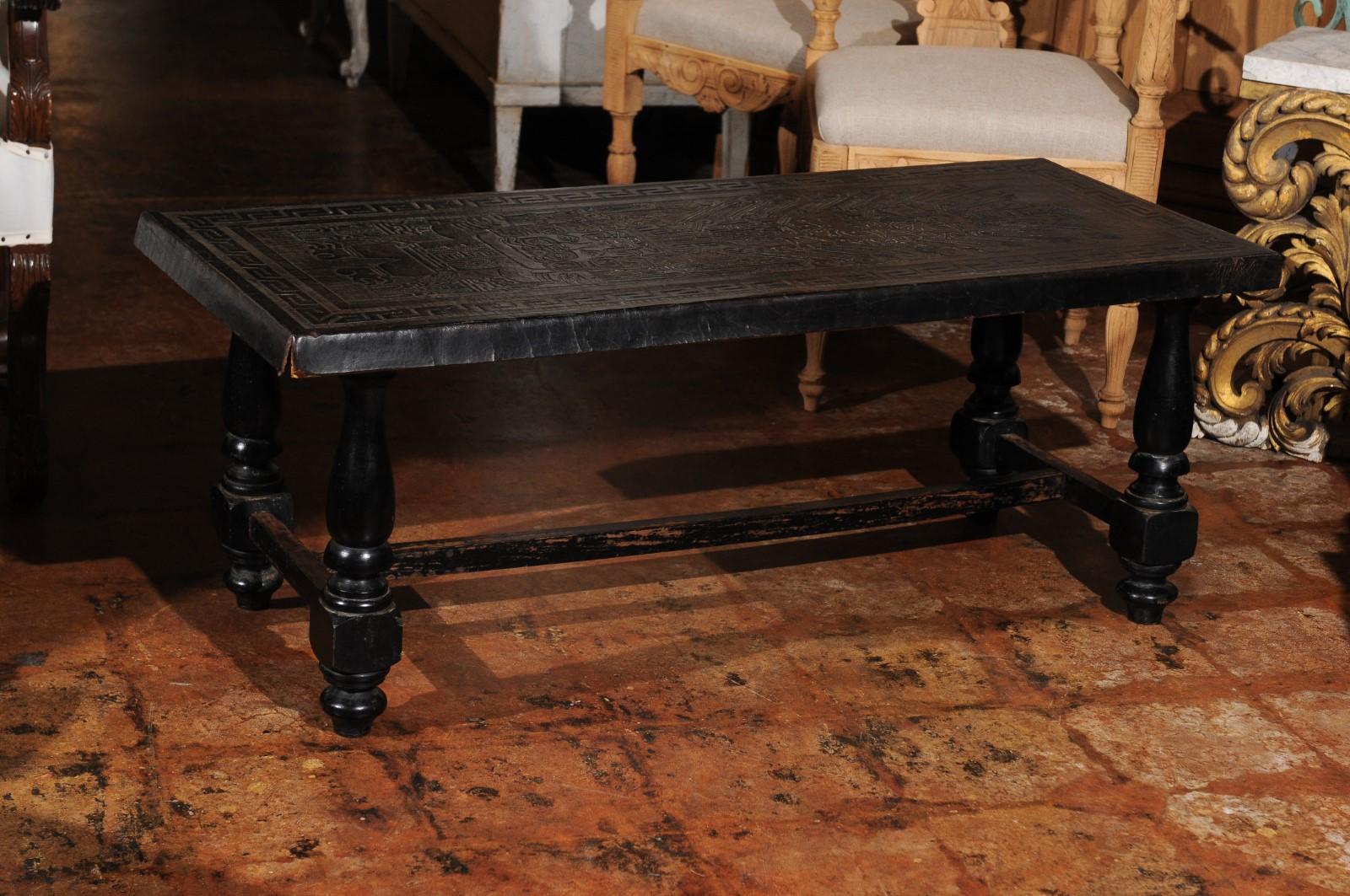 French 19th Century Hand-Tooled Black Leather Top Bench with Turned Base 7