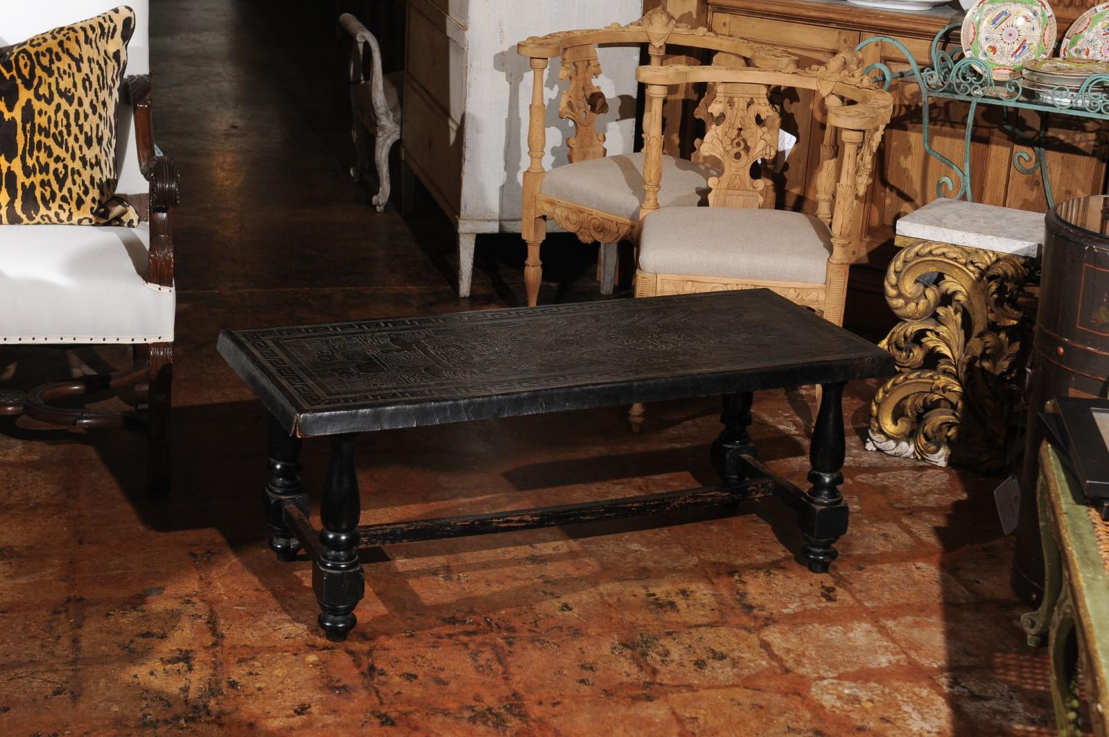 French 19th Century Hand-Tooled Black Leather Top Bench with Turned Base 8