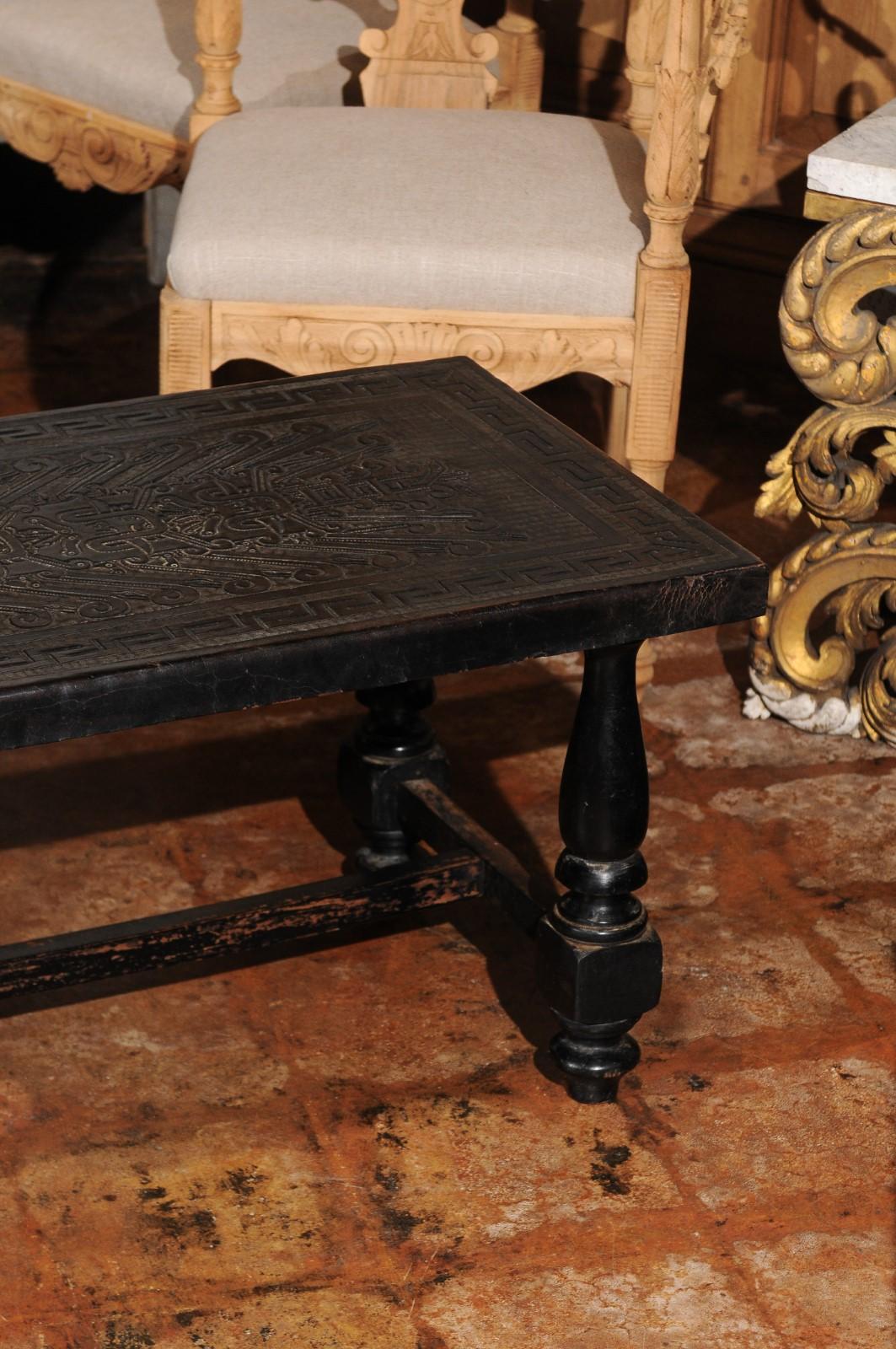 French 19th Century Hand-Tooled Black Leather Top Bench with Turned Base In Good Condition In Atlanta, GA