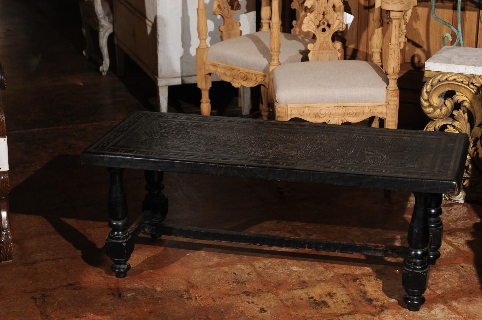 French 19th Century Hand-Tooled Black Leather Top Bench with Turned Base 3