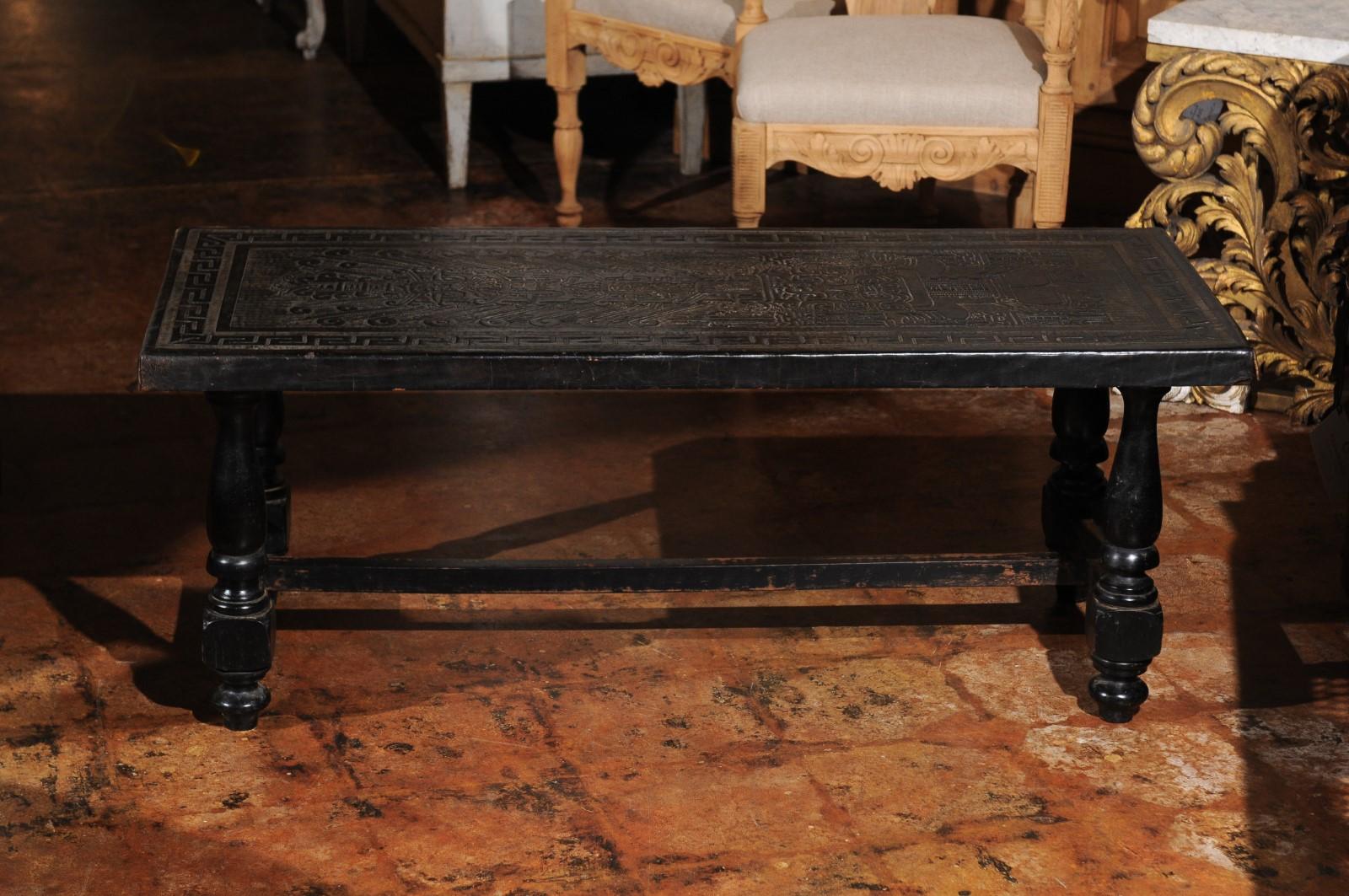 French 19th Century Hand-Tooled Black Leather Top Bench with Turned Base 4