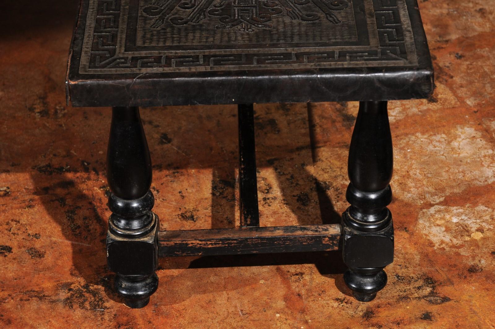 French 19th Century Hand-Tooled Black Leather Top Bench with Turned Base 6