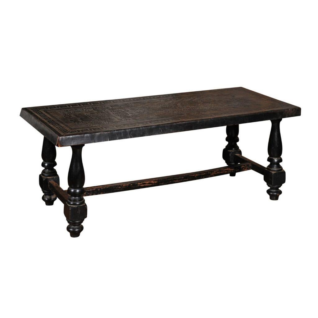 French 19th Century Hand-Tooled Black Leather Top Bench with Turned Base