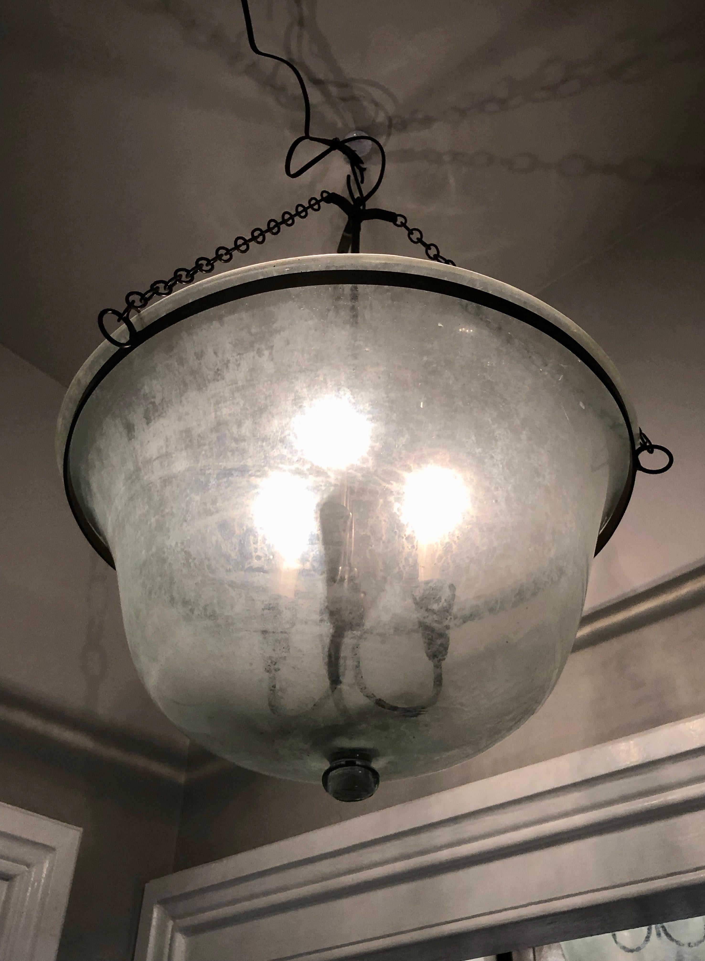 Hand-Crafted French 19th Century Hand Blown Glass Melon Cloche Hanging Light