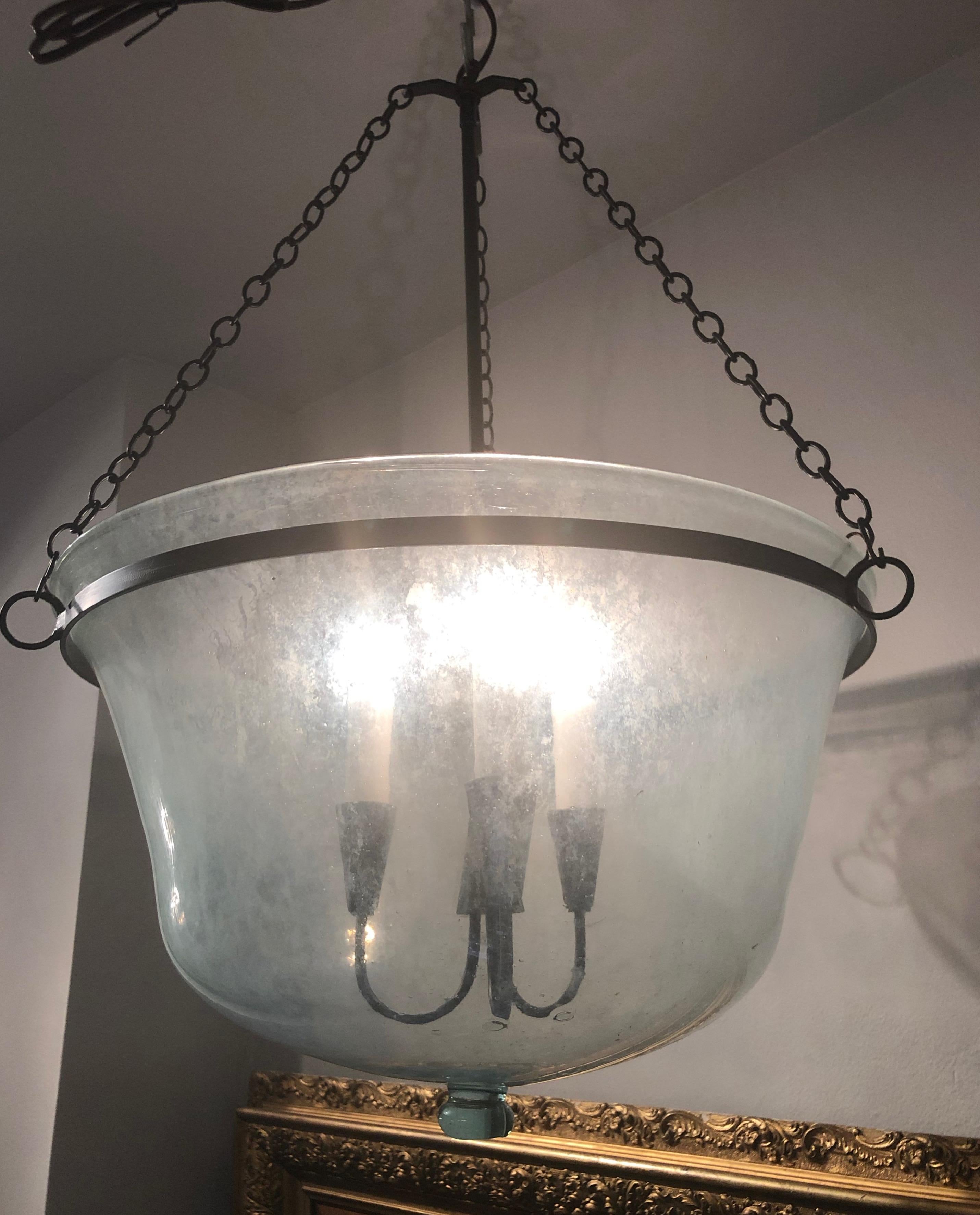 French 19th Century Handblown Glass Melon Cloche Hanging Light In Good Condition In Woodbury, CT