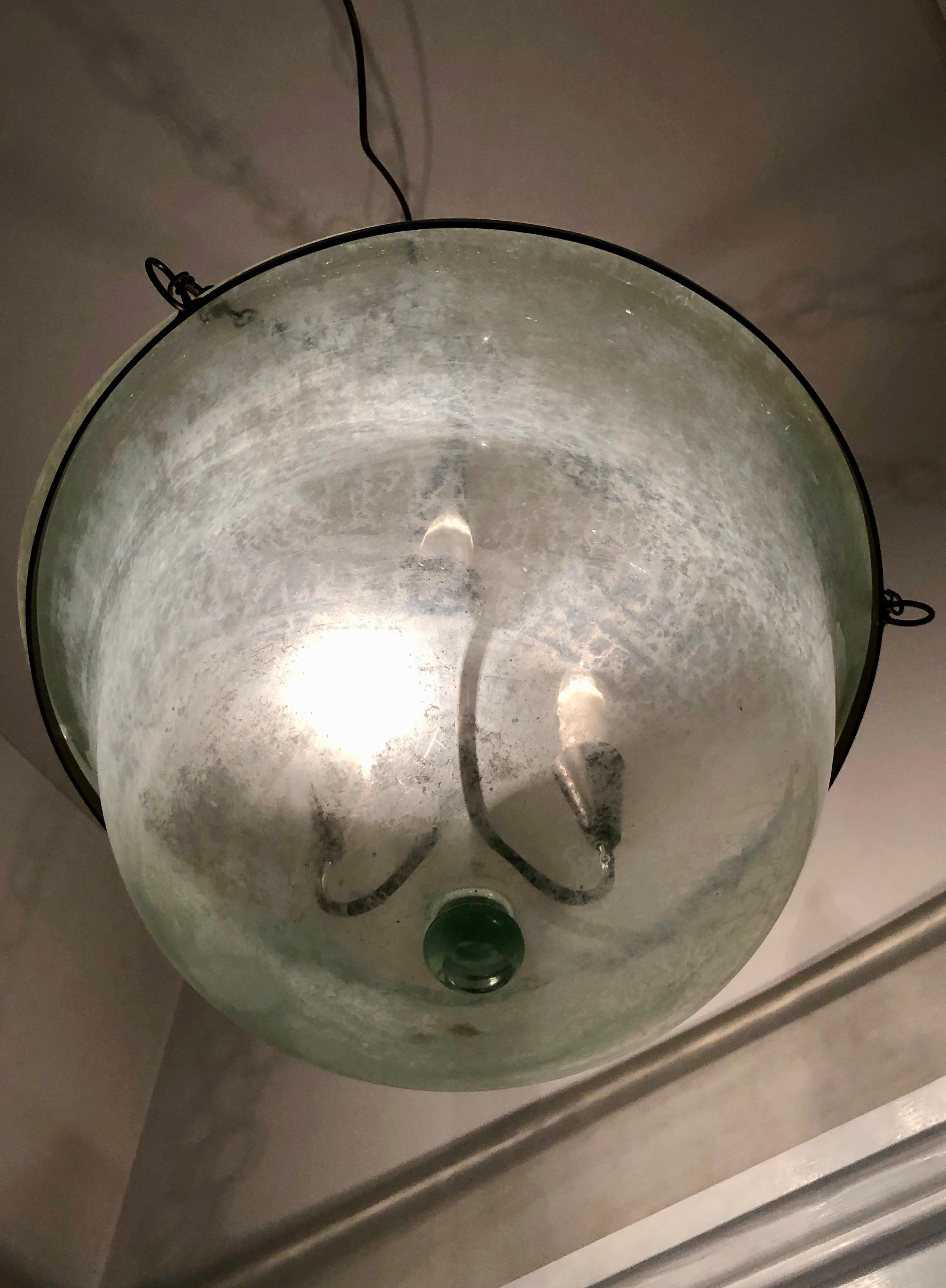 French 19th Century Hand Blown Glass Melon Cloche Hanging Light In Good Condition In Woodbury, CT