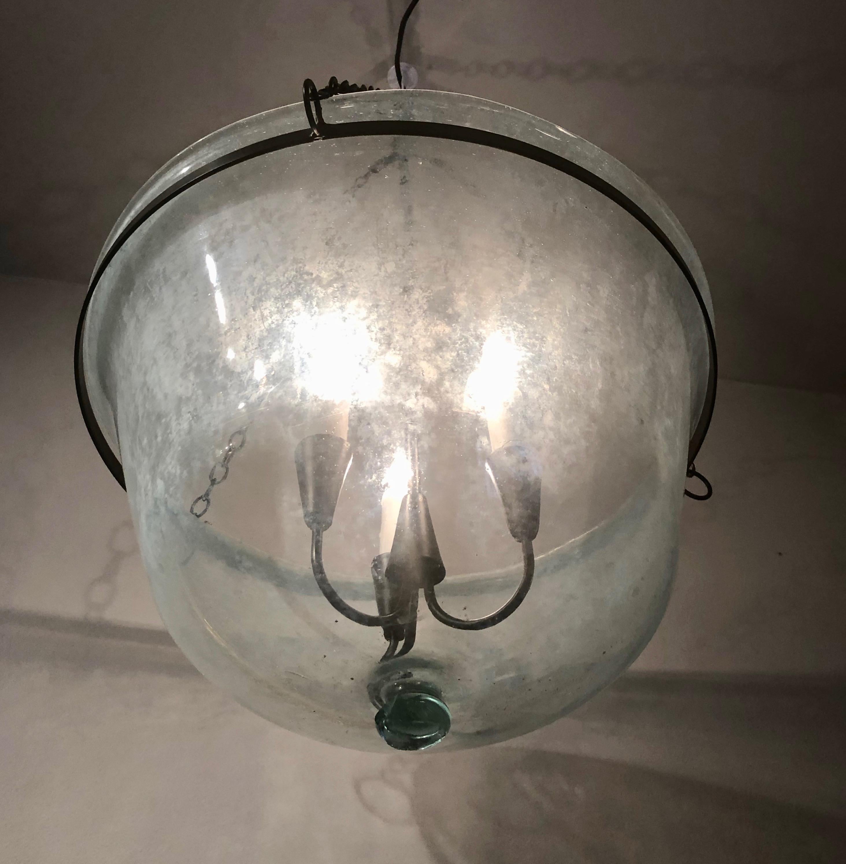 Blown Glass French 19th Century Handblown Glass Melon Cloche Hanging Light