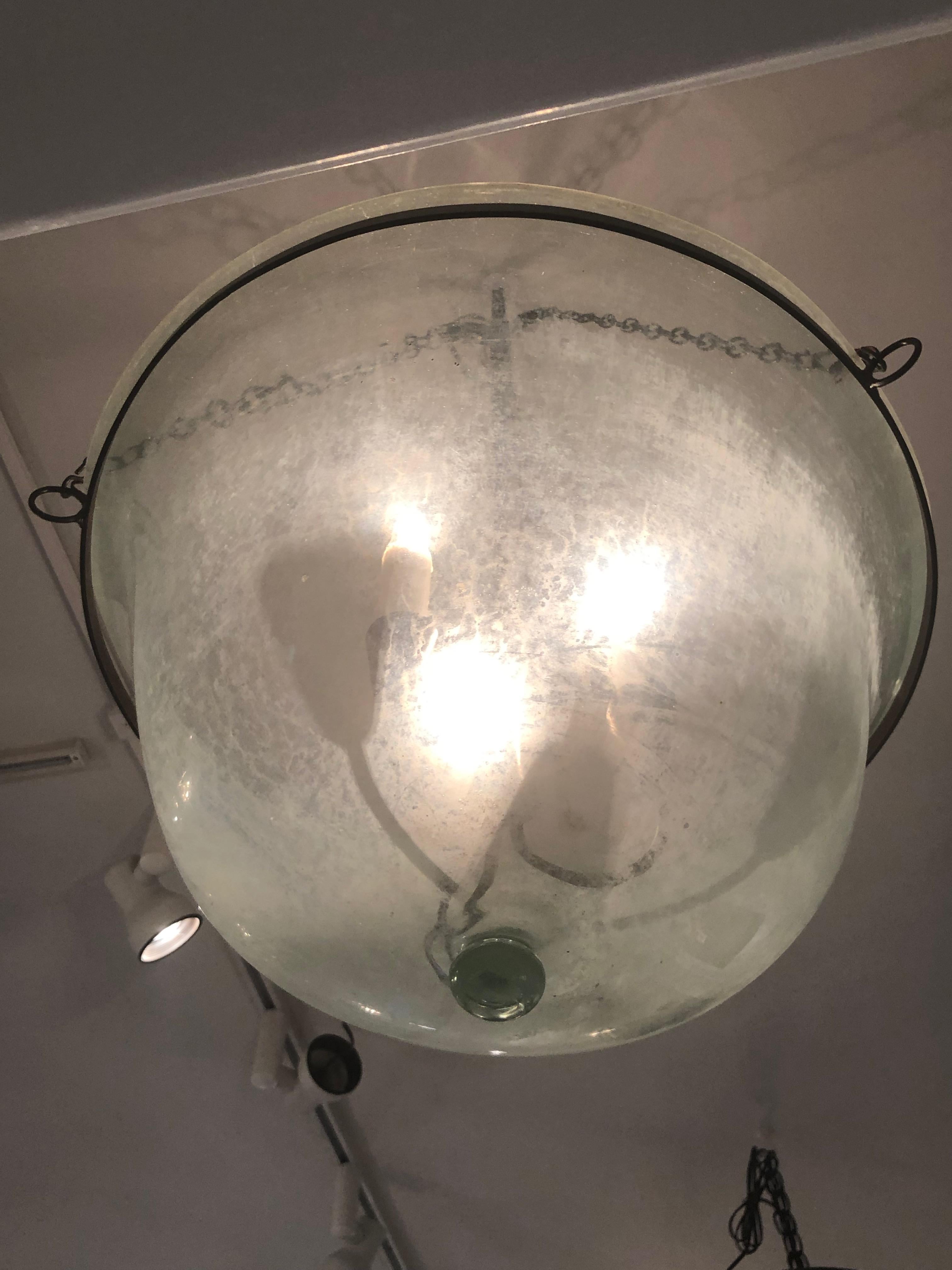 French 19th Century Hand Blown Glass Melon Cloche Hanging Light 1
