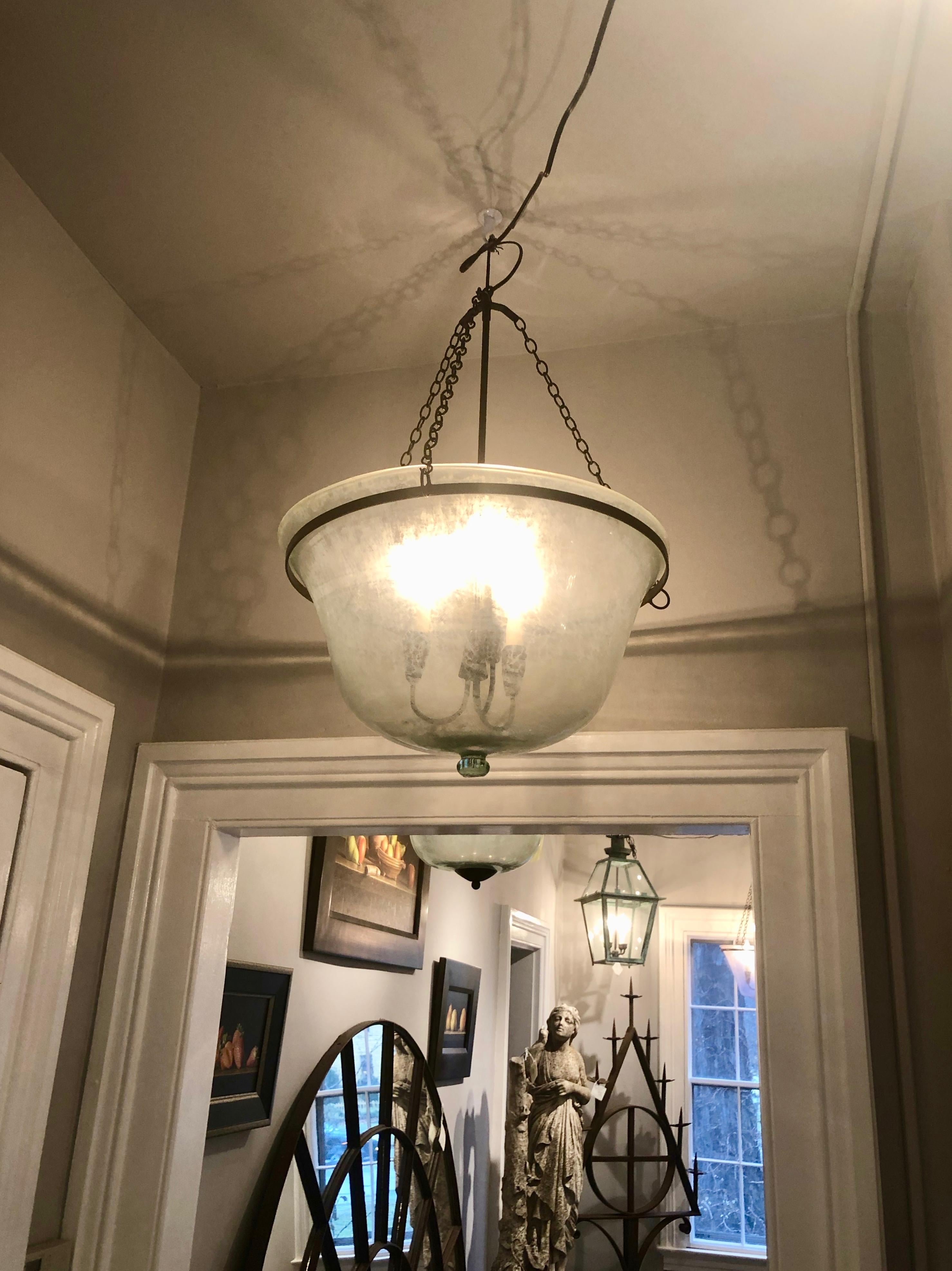 French 19th Century Hand Blown Glass Melon Cloche Hanging Light 2
