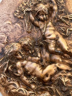 French 19th Century Heavy Bronze Relief Plaque of 3 Cherubs