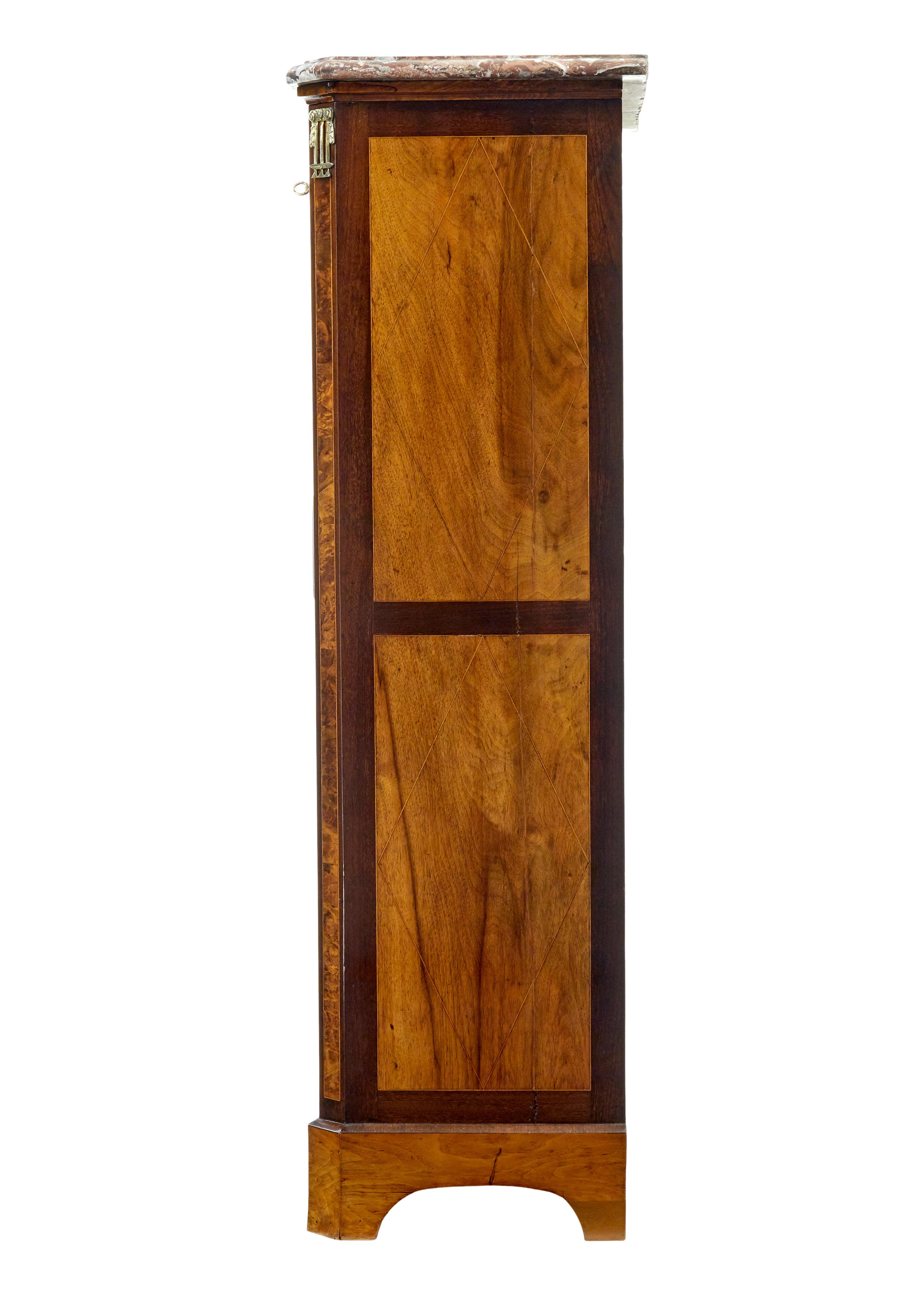 Art Nouveau French 19th century inlaid walnut chest of drawers with marble top For Sale
