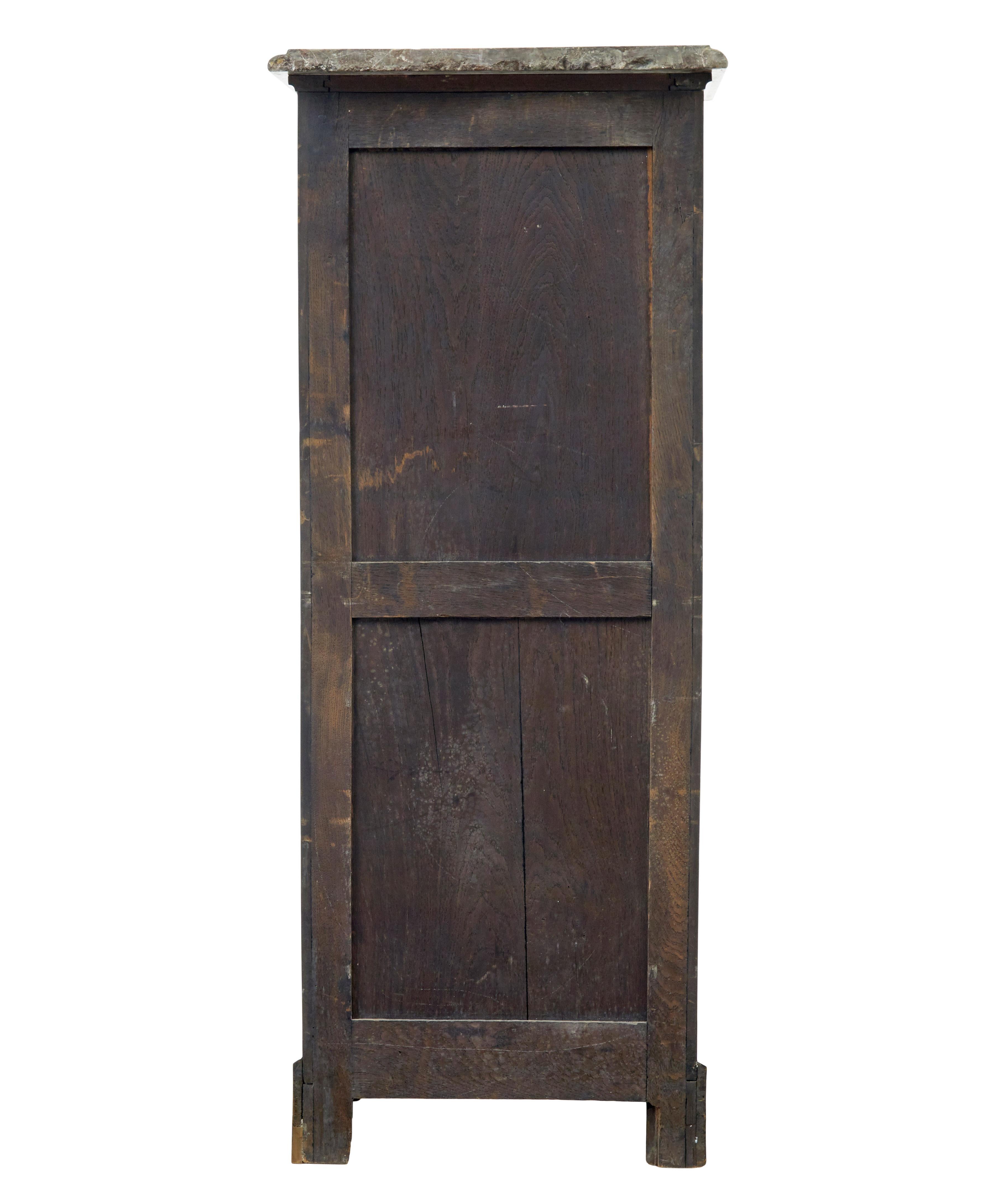 Hand-Carved French 19th century inlaid walnut chest of drawers with marble top For Sale