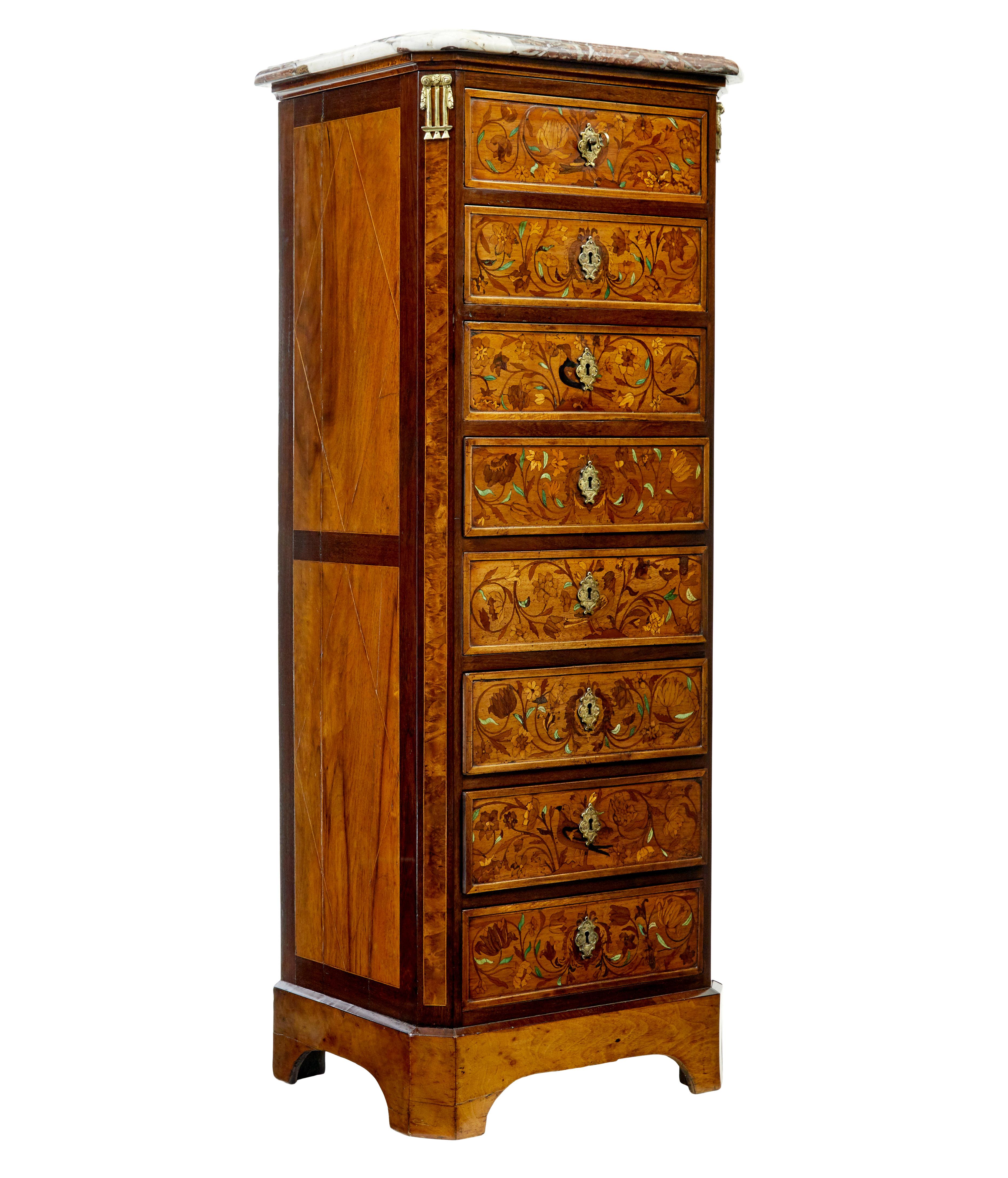19th Century French 19th century inlaid walnut chest of drawers with marble top For Sale