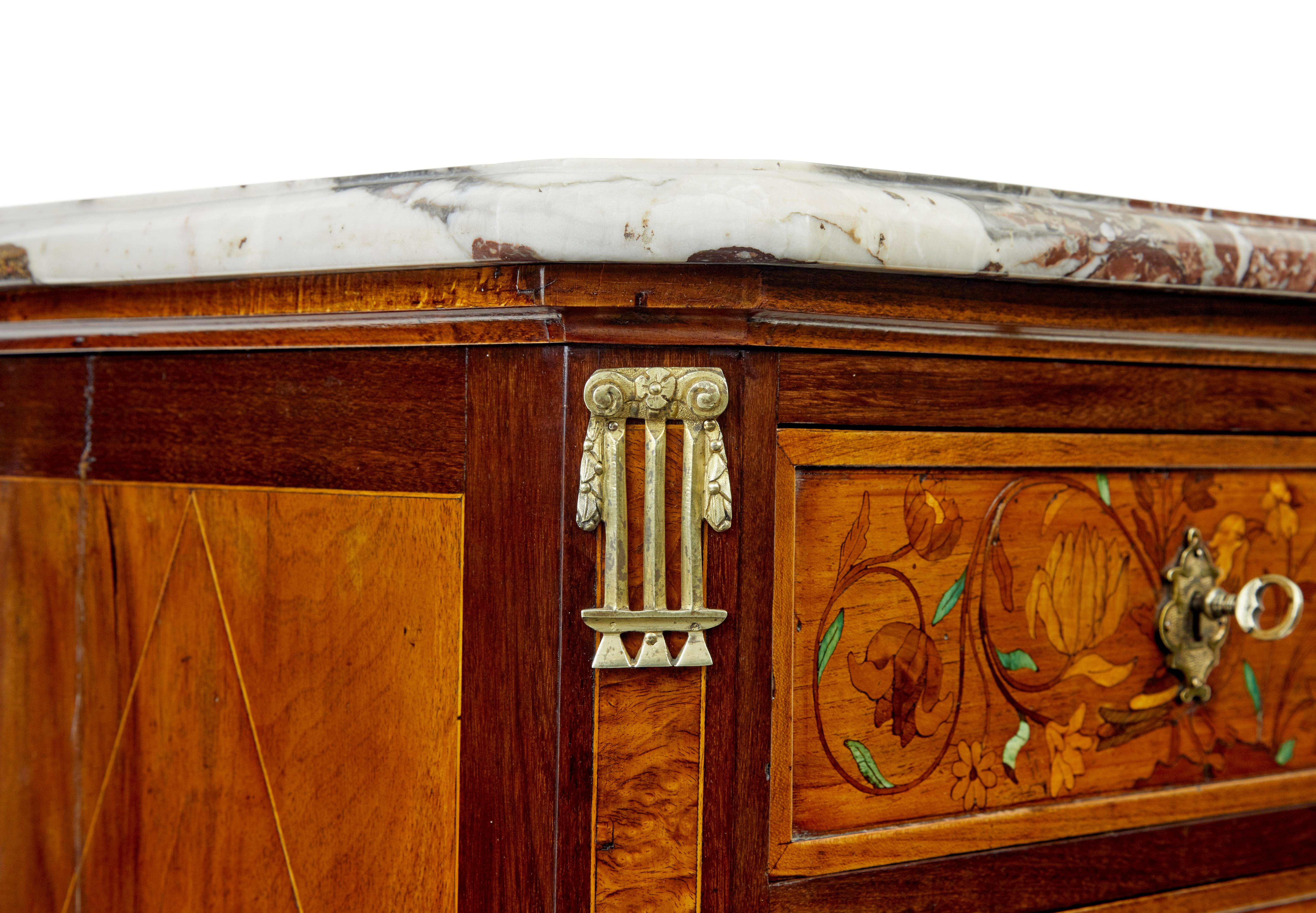 French 19th century inlaid walnut chest of drawers with marble top For Sale 1
