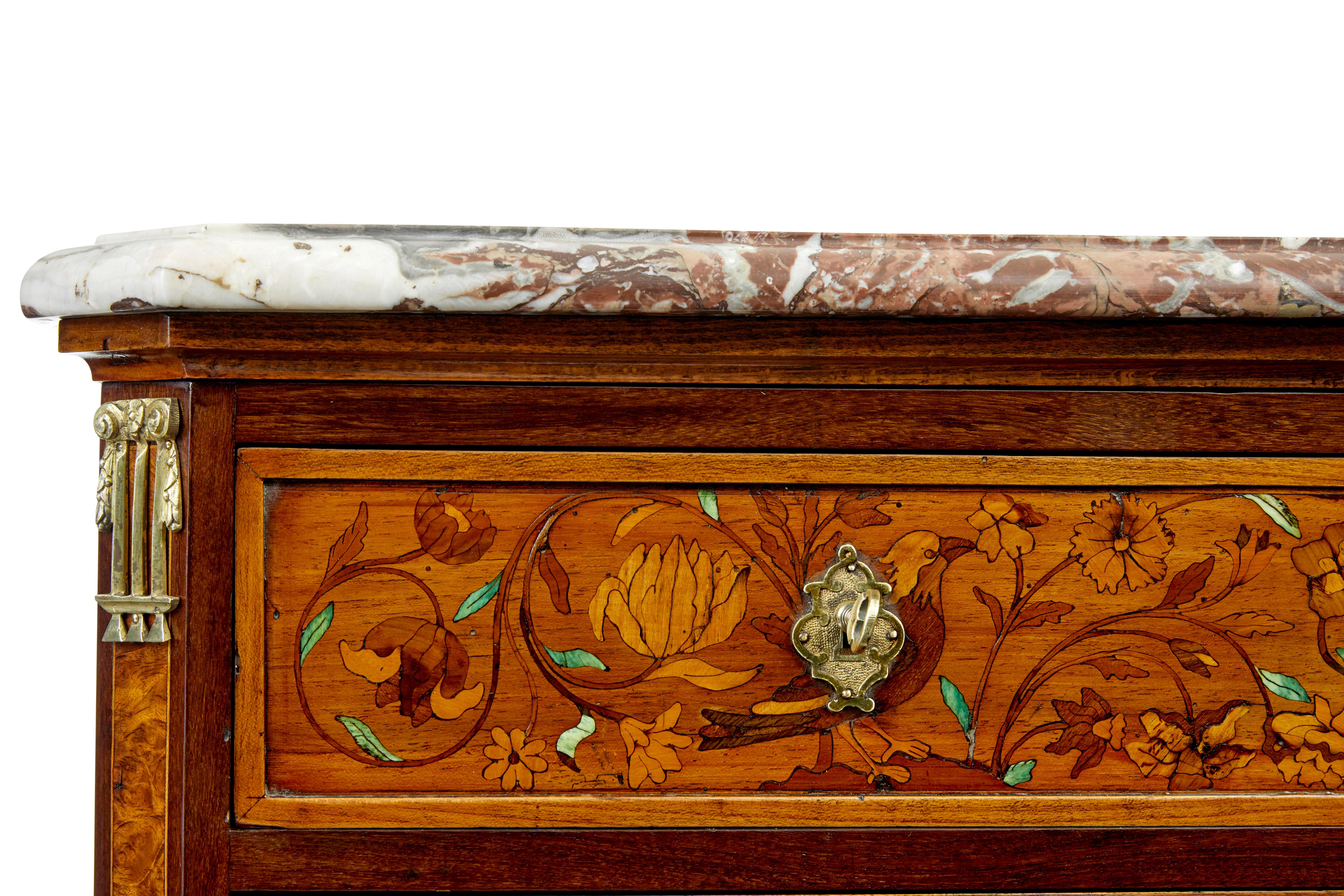 French 19th century inlaid walnut chest of drawers with marble top For Sale 2