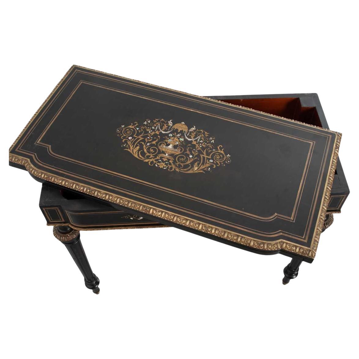 Tavolo da gioco francese del XIX secolo in ebano e intarsio