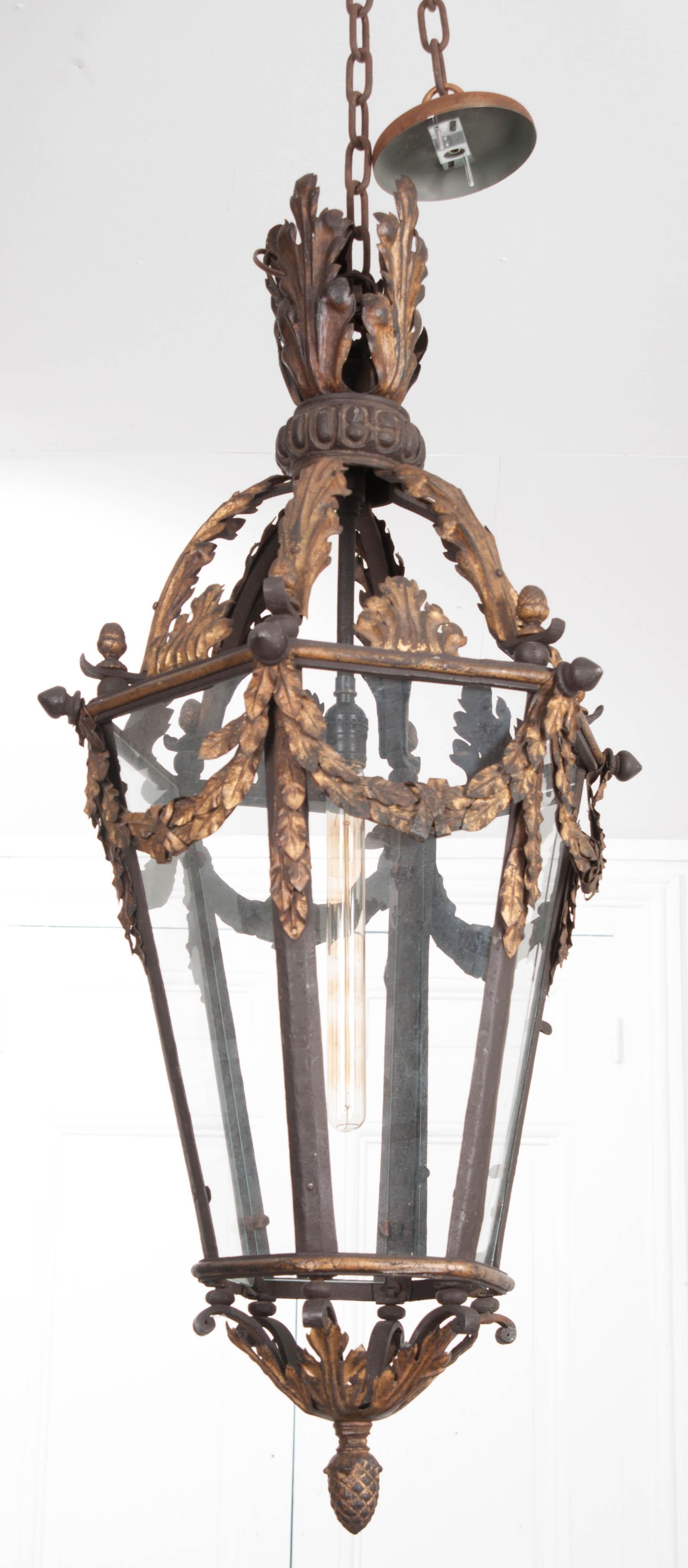 Glass French 19th Century Iron and Gilt-Brass Single-Light Lantern For Sale