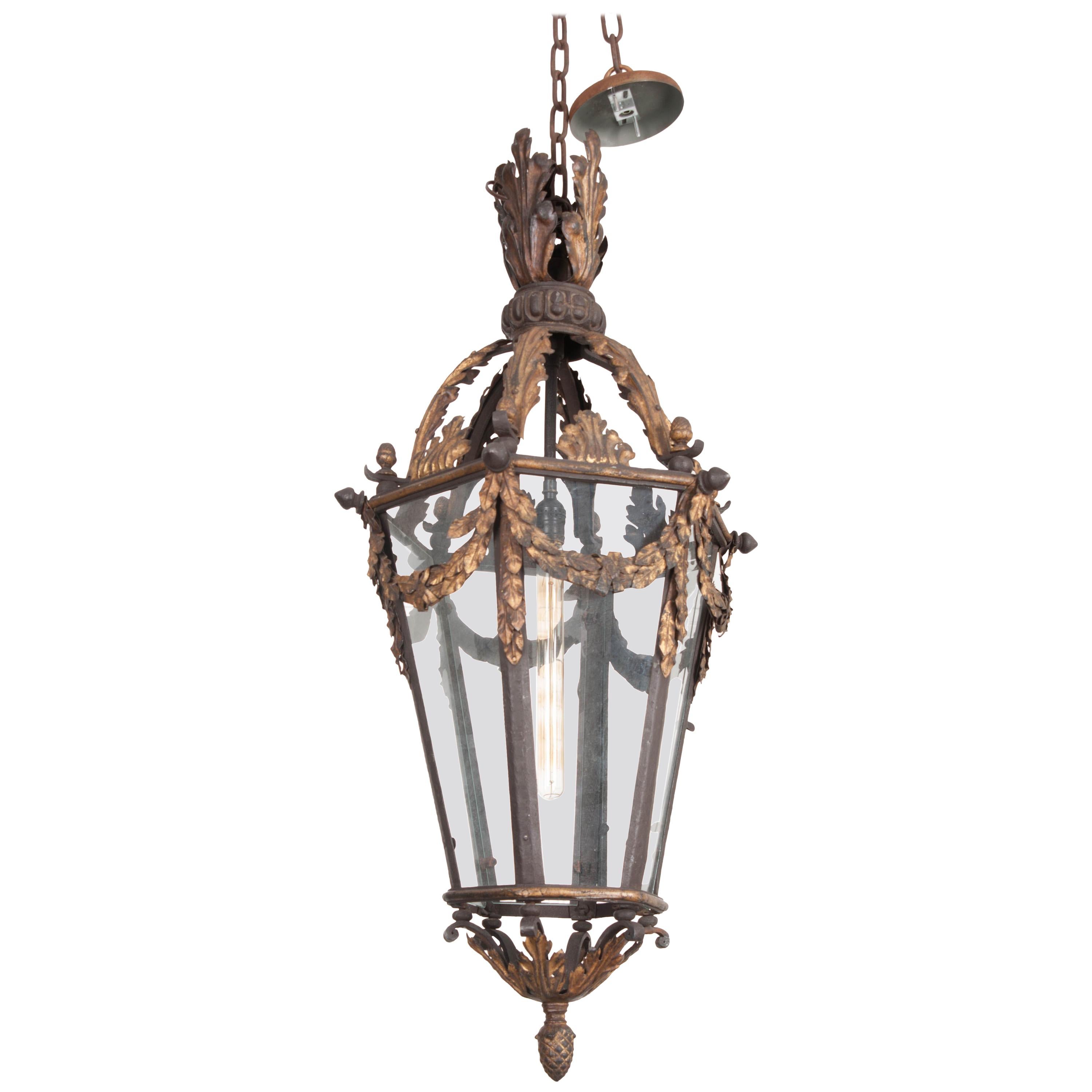 French 19th Century Iron and Gilt-Brass Single-Light Lantern For Sale