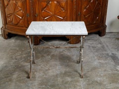 French 19th Century Iron Console Table with White Marble Top and X-Form Base