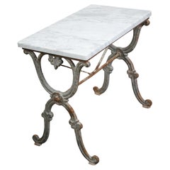 French 19th Century Iron Console Table with White Marble Top and X-Form Base