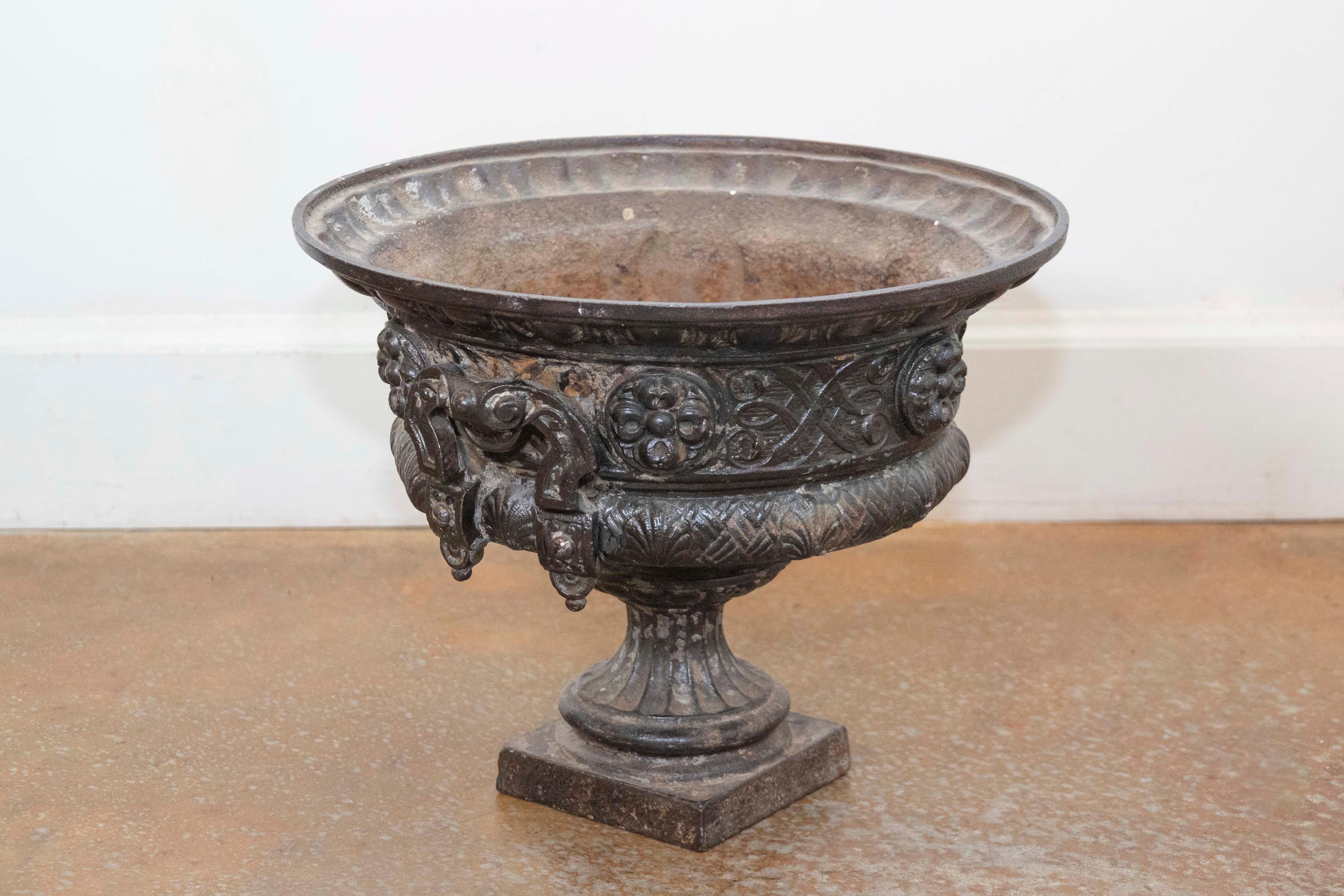 Una jardinière francese in ferro del XIX secolo, con monogramma a doppia L, motivi a fogliame e maniglie laterali. Nata in Francia nel XIX secolo, questa jardinière in ferro presenta un labbro svasato ornato all'esterno da motivi a uovo e dardo. Il