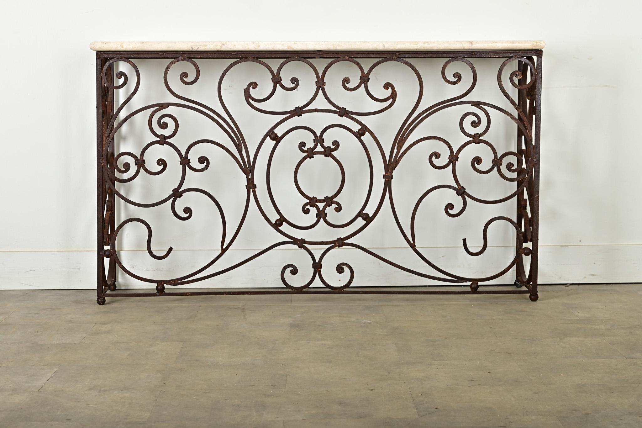 Hollywood Regency French 19th Century Iron & Marble Balcony Rail Console