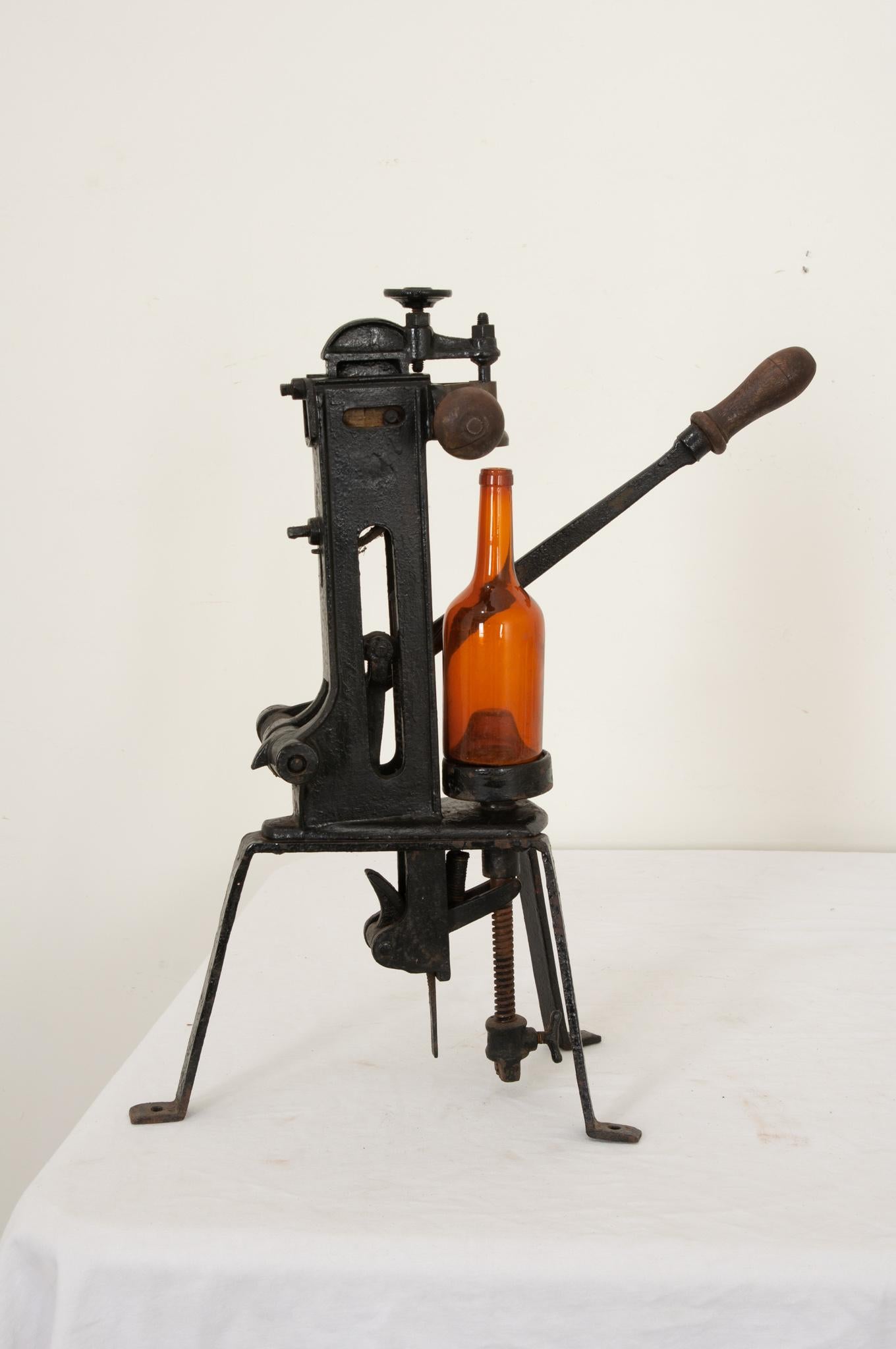 An interesting part of 19th century history is brought back to life with this rare French cast iron pharmaceutical bottle corker circa 1870. We are reminded of the craft and tools used to bottle medicines in a 19th century apothecary or hospital by