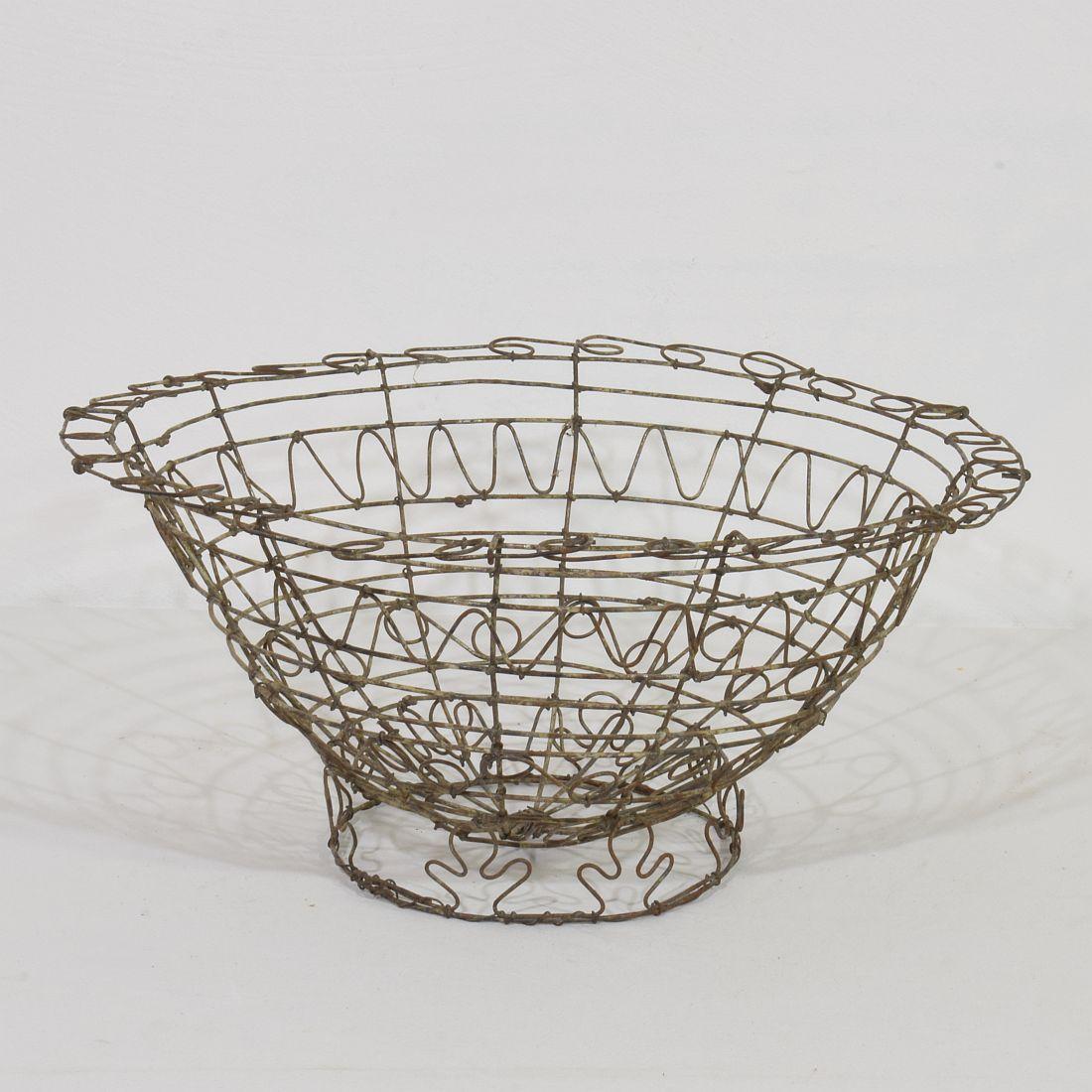 Hand-Crafted French 19th Century Iron Wirework Basket For Sale