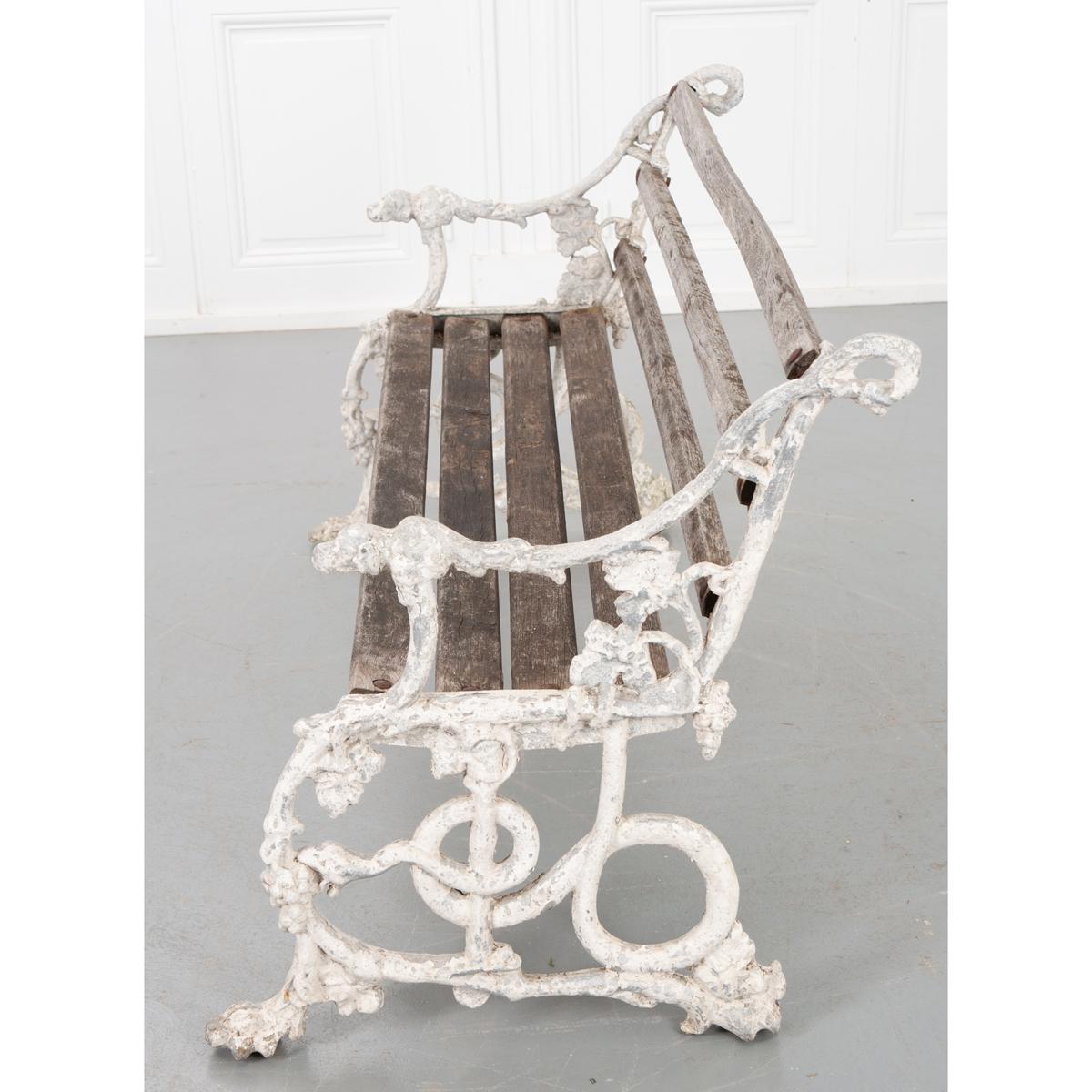 A lovely painted iron and wood garden bench from France. The unique iron base, cast in the forms of grape vines and intertwined snakes supports the wooden seat and seat back. Measure: Seat: 14-?” H.