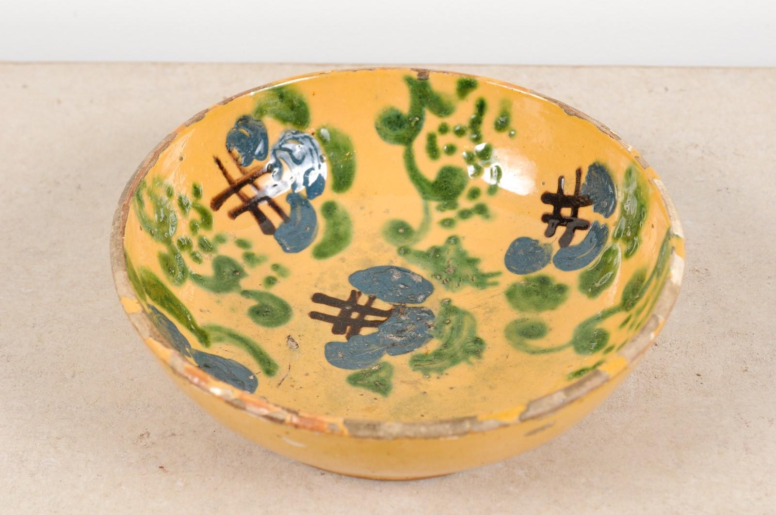 French 19th Century Jaspe Pottery Bowl with Blue, Green and Crosshatch Accents 2