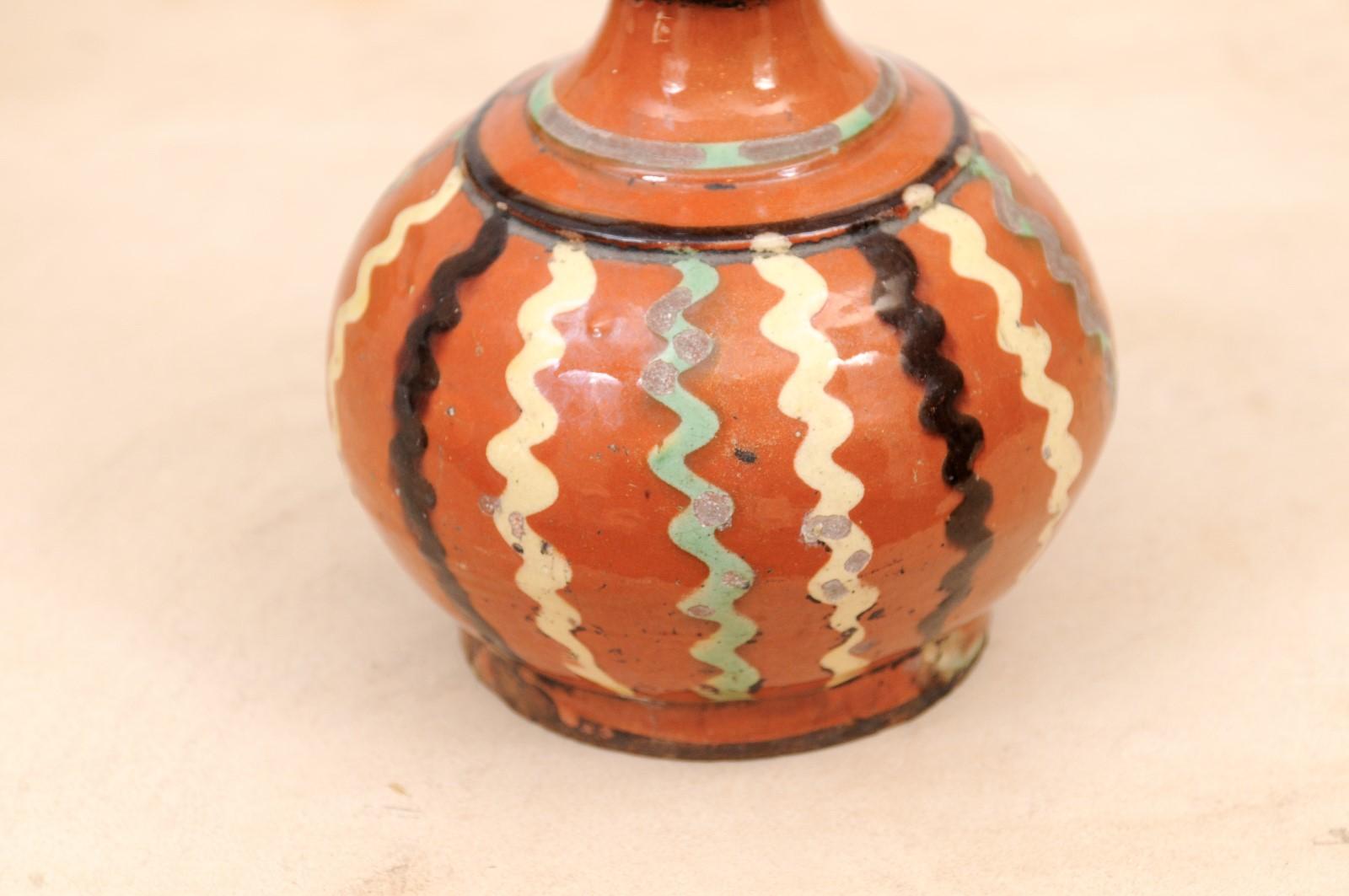 French 19th Century Jaspe Pottery Wine Serving Jug with Rust Glaze, Wavy Décor For Sale 1